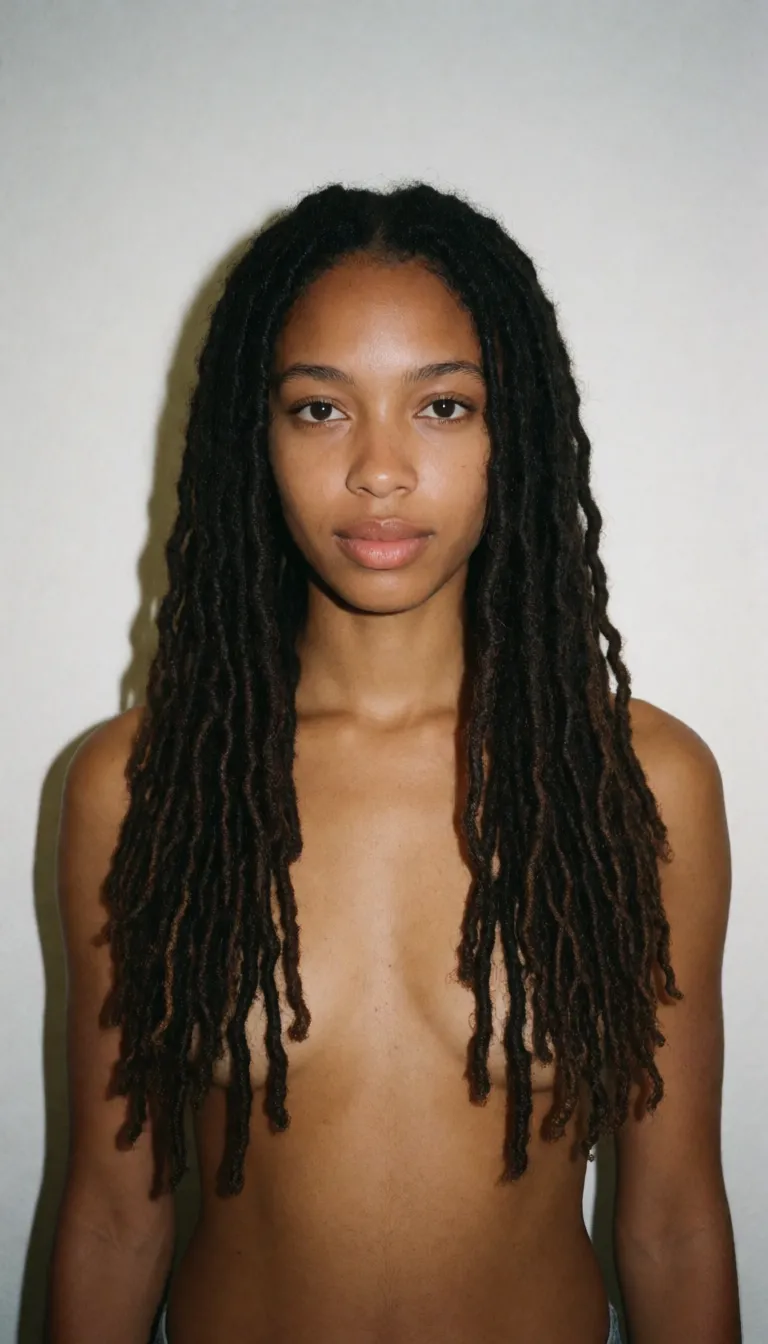 a photograph, brown skin woman curvy, big tits, big ass, wearing lingerie, long locs, hands on her tits, eyes up at the camera, plain wall behind her, flat direct light, natural colour, neutral white balance, true to life skin tone, gentle contrast, fine film grain, smooth clear skin, strikingly beautiful, radiant complexion, early twenties