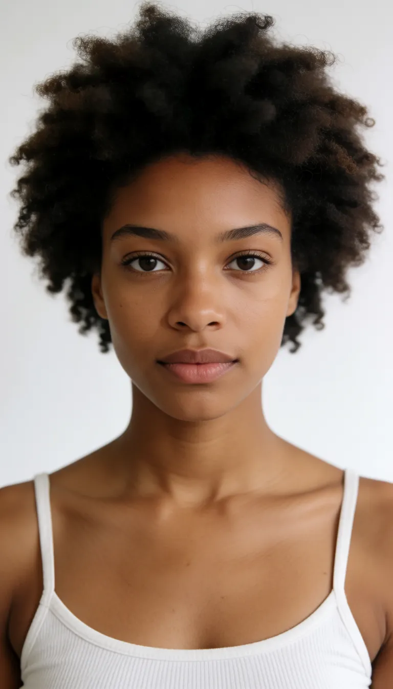 a photograph, brown skin woman curvy, big tits, big ass, wearing lingerie, afro hair, hands on her tits, eyes up at the camera,, natural colour, neutral white balance, true to life skin tone, gentle contrast, fine film grain, smooth clear skin, strikingly beautiful, radiant complexion, early twenties
