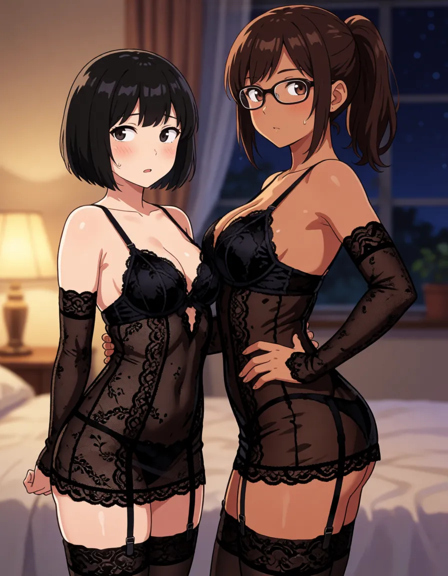 hentai anime art, multiple heads, conjoined twins, two heads sharing one body, interracial, two-tone skin, split-colored skin, split-color body, small height asian milf, bobcut black hair asian female with glasses, brown hair ponytail, tsurime, freckles, body freckles, blushing, first head nervously looking away, second head smug tongue out, head tilt, smile, parted lips, beautiful lips, lesbians, black lace panties, parted chemise, see-through chemise, detached sleeves, garter belt and straps, black thighhighs, skindentation, heart chokers, (big chubby belly, gigantic sagging breasts, huge natural perky breasts:1.4), accurate small perky breast, busty dark-skinned female, asymmetrical breasts, absurdly huge asymmetrical breast out, fat, bbw, large buttocks, wet skin, standing, contrapposto, legs apart, hand on hip, holding whip, bedroom, night, side view,, clean lineart, smooth cel shading, glossy highlights, saturated warm colour, drawn illustration, strikingly beautiful, radiant complexion, early twenties