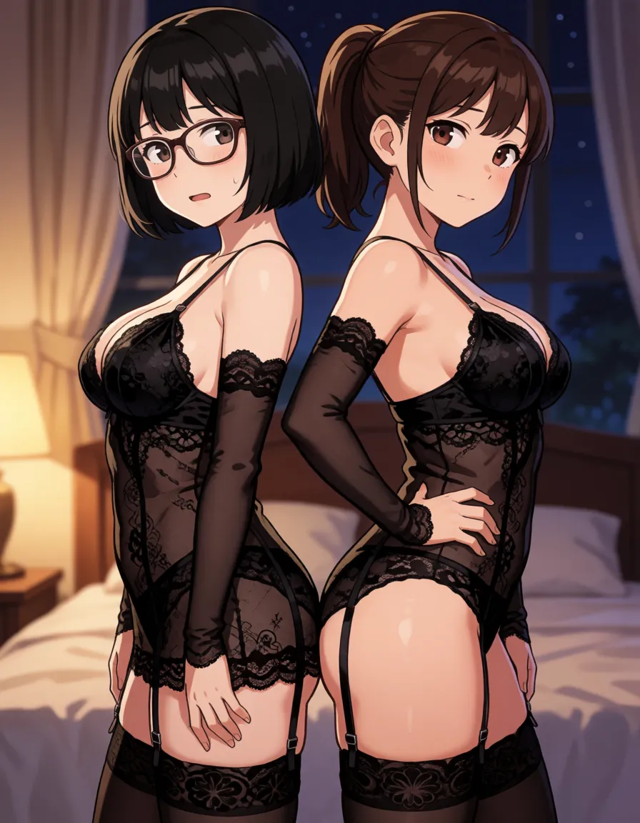 hentai anime art, multiple heads, conjoined twins, two heads sharing one body, interracial, two-tone skin, split-colored skin, split-color body, small height asian milf, bobcut black hair asian head with glasses, brown hair ponytail, tsurime, freckles, body freckles, blushing, first head nervously looking away, second head smug tongue out, head tilt, smile, parted lips, beautiful lips, lesbians, black lace panties, parted chemise, see-through chemise, detached sleeves, garter belt and straps, black thighhighs, skindentation, heart chokers, (big chubby belly, gigantic sagging breast, huge natural perky breasts:1.4), accurate small perky breast, asymmetrical breasts, absurdly huge asymmetrical breast out, fat, bbw, large buttocks, wet skin, standing, contrapposto, legs apart, hand on hip, holding whip, bedroom, night, side view,, clean lineart, smooth cel shading, glossy highlights, saturated warm colour, drawn illustration, strikingly beautiful, radiant complexion, early twenties