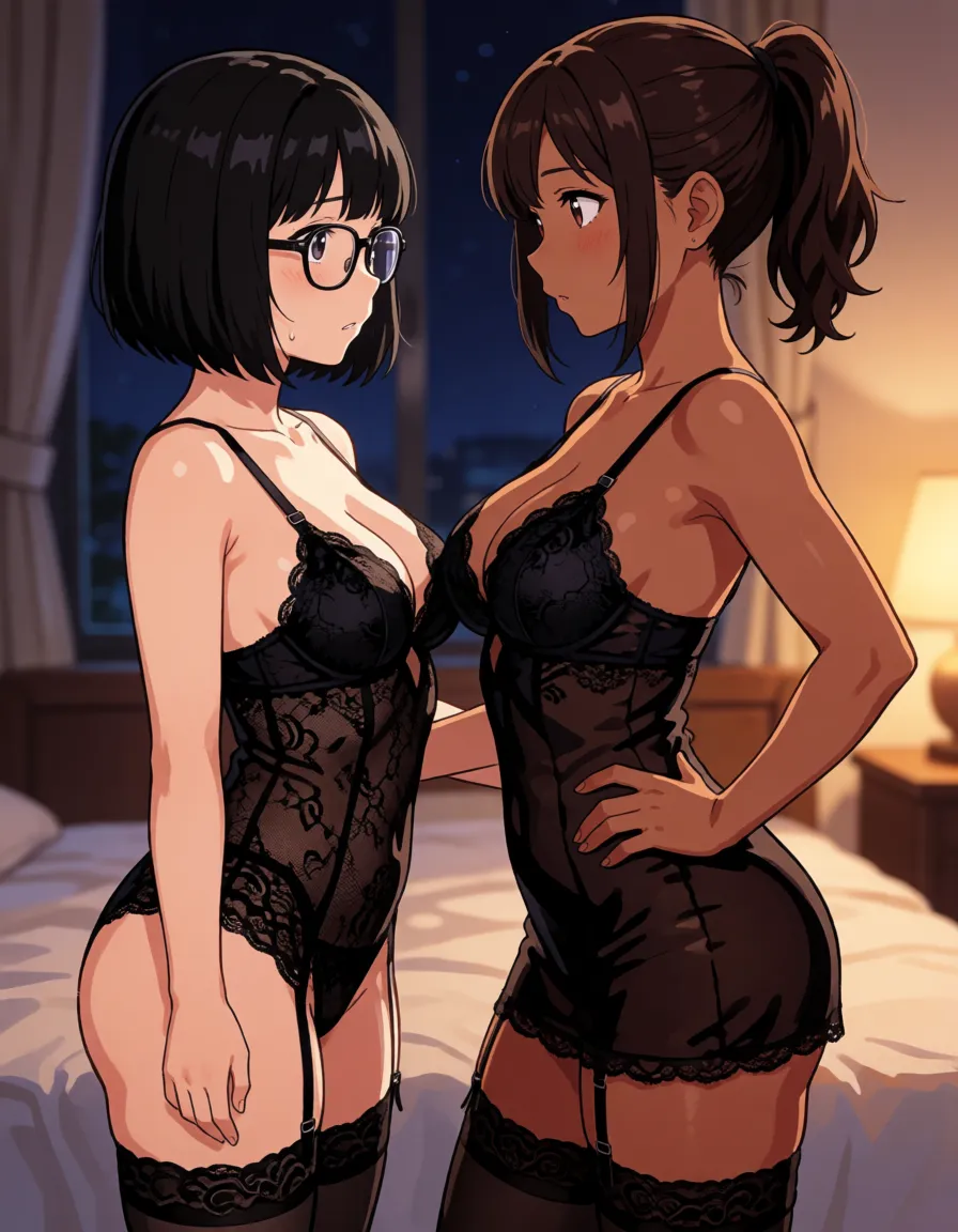 hentai anime art, 1woman, multiple heads, conjoined twins, two heads sharing one body, interracial, two-tone skin, split-colored skin, split-color body, small height asian milf, dark-skinned woman, bobcut black hair asian female with glasses, brown hair ponytail, tsurime, freckles, body freckles, blushing, first head nervously looking at second one, second head smug tongue out, head tilt, smile, parted lips, beautiful lips, lesbians, saliva trail, black lace panties, parted chemise, see-through chemise, garter belt and straps, black thighhighs, skindentation, heart chokers, (big chubby belly, gigantic sagging breasts, huge natural perky breasts:1.4), accurate small perky breast, asymmetrical breasts, absurdly huge asymmetrical breast out, fat, bbw, large buttocks, wet skin, standing, contrapposto, legs apart, hand on hip, holding whip, body scars, bedroom, night, side view,, clean lineart, smooth cel shading, glossy highlights, saturated warm colour, drawn illustration, strikingly beautiful, radiant complexion, early twenties