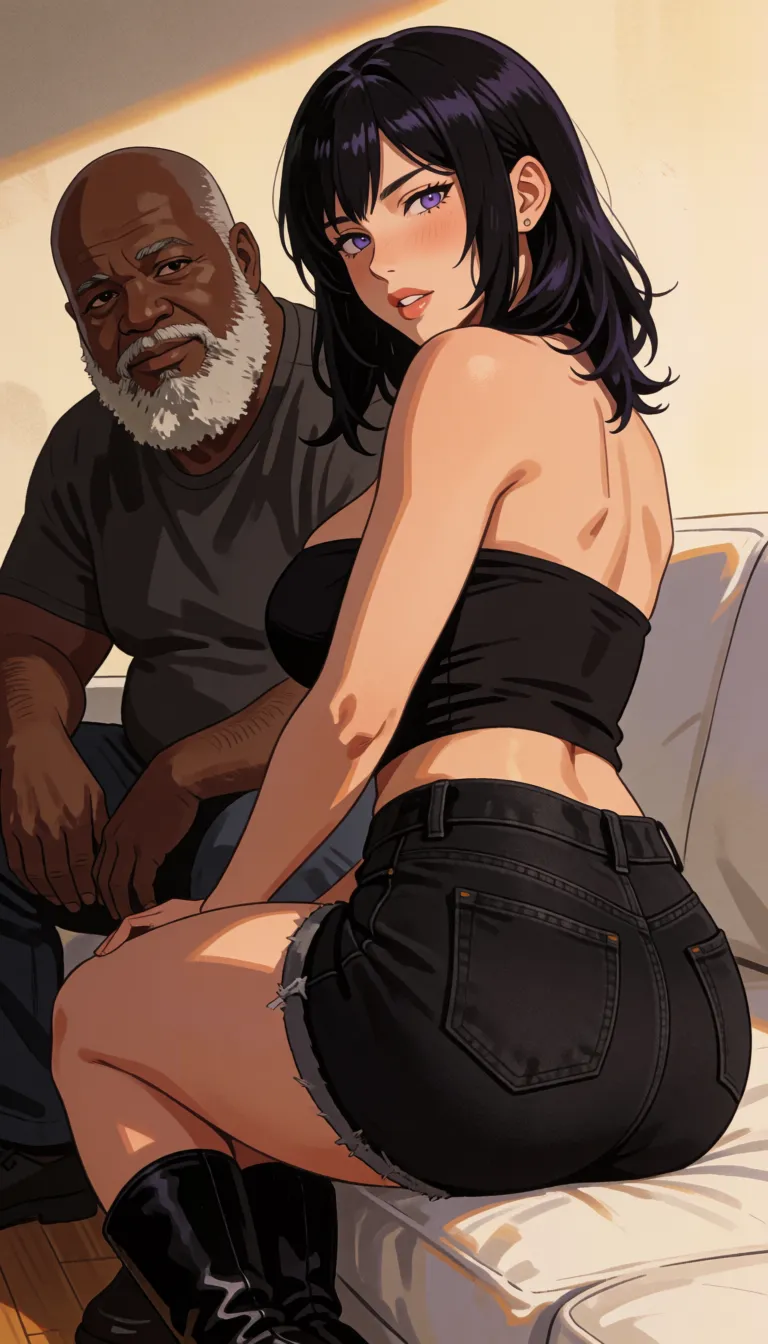 a photograph, This NSFW photo features a sexy, voluptuous woman with black hair anc purple eyes, wearing a black strapless top and tight, black denim shorts that accentuate her large, round ass. She's alsa got black boots on, and she's looking back over her shoulder with a seductive expression. Her cock-sucking lips are painted black. Next to her, 2 older overweight black men with a bald head and white beard is sitting on a white couch holding his erect, uncircumcised cock with a lustful expression. She's happy and scared at the same time. The background is a plain beige wall, and the floor is wooden The image is a medium close-up, focusing on the two characters. The art style is highly detailed and realistic, with a focus on the erotic and sexual aspects of the scene, warm golden afternoon daylight, soft natural shadows, warm amber tones, gentle contrast, fine film grain, smooth clear skin, strikingly beautiful, radiant complexion, early twenties