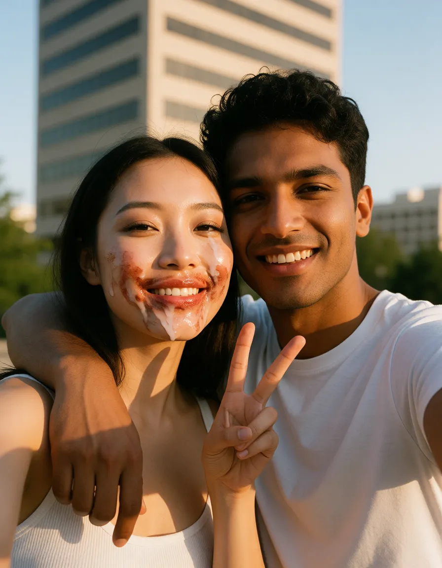 a photograph, A woman with Californian vibes Asian-American woman is taking a selfie with an indian male, has her arm draped over the man’s shoulder, making a ‘peace’ sign with the fingers of her free hand, POV from the phone, the woman’s make-up is heavily smudged and runny, her lipstick smeared as if after a blowjob, the woman is smiling, a huge age gap, an office block, bright lighting, warm golden afternoon daylight, soft natural shadows, warm amber tones, gentle contrast, fine film grain, smooth clear skin, strikingly beautiful, radiant complexion, early twenties