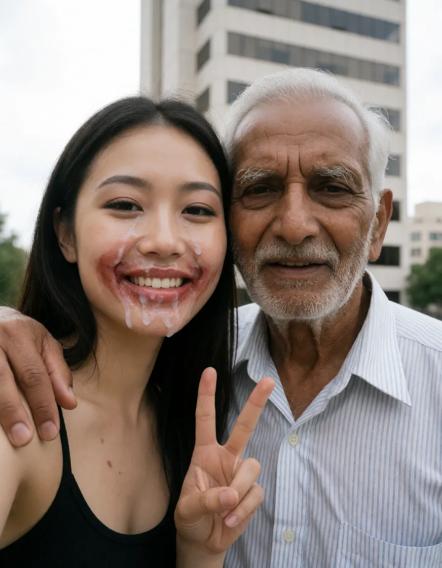 an amateur snapshot, A woman with Californian vibes Asian-American woman is taking a selfie with an old indian male, has her arm draped over the man’s shoulder, making a ‘peace’ sign with the fingers of her free hand, POV from the phone, the woman’s make-up is heavily smudged and runny, her lipstick smeared as if after a blowjob, the woman is smiling, a huge age gap, an office block, bright lighting, plenty of natural daylight, flat even light, casual unposed snapshot, natural everyday colour, mild noise, natural unretouched skin, strikingly beautiful, radiant complexion, early twenties