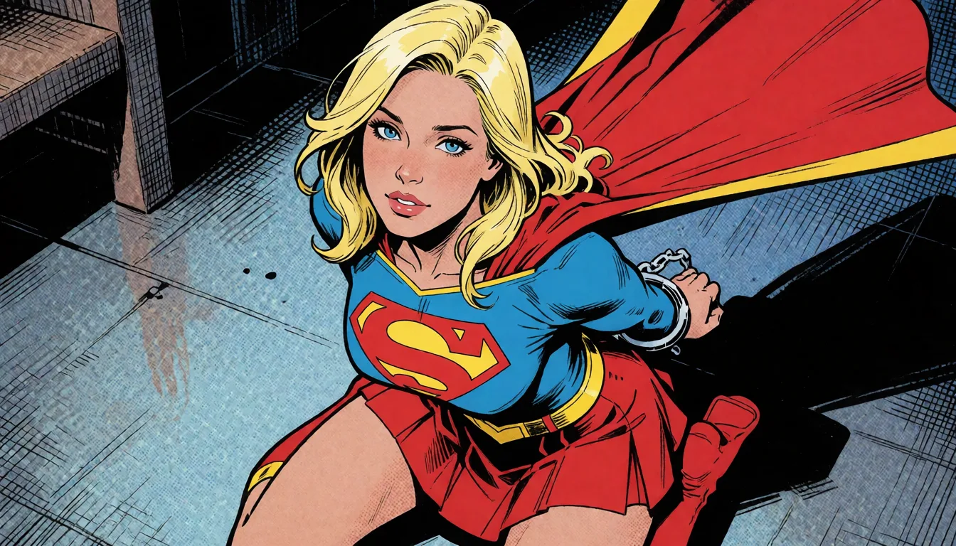 comic book art, One woman in a supergirl costume has her hands cuffed at the back and is kneeling., bold black ink outlines, halftone dot shading, cross hatched shadows, flat four colour print palette, hard high contrast comic inking, printed comic page, strikingly beautiful, radiant complexion, early twenties