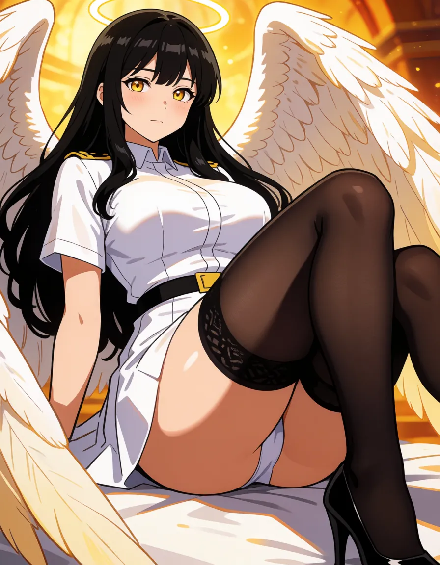 hentai anime art, Angel woman, archangel, long black hair, golden eyes, white uniform, black stockings, big ass, curvy hips, long legs, (upshirt), white skirt, high heels, no panties under the skirt, lying on her back, close-up, with legs spread wide, showing (ass_grab) , pussy and anal (masturbation) anal, (newhalf_with_female), porn, clean lineart, smooth cel shading, glossy highlights, saturated warm colour, drawn illustration, strikingly beautiful, radiant complexion, early twenties
