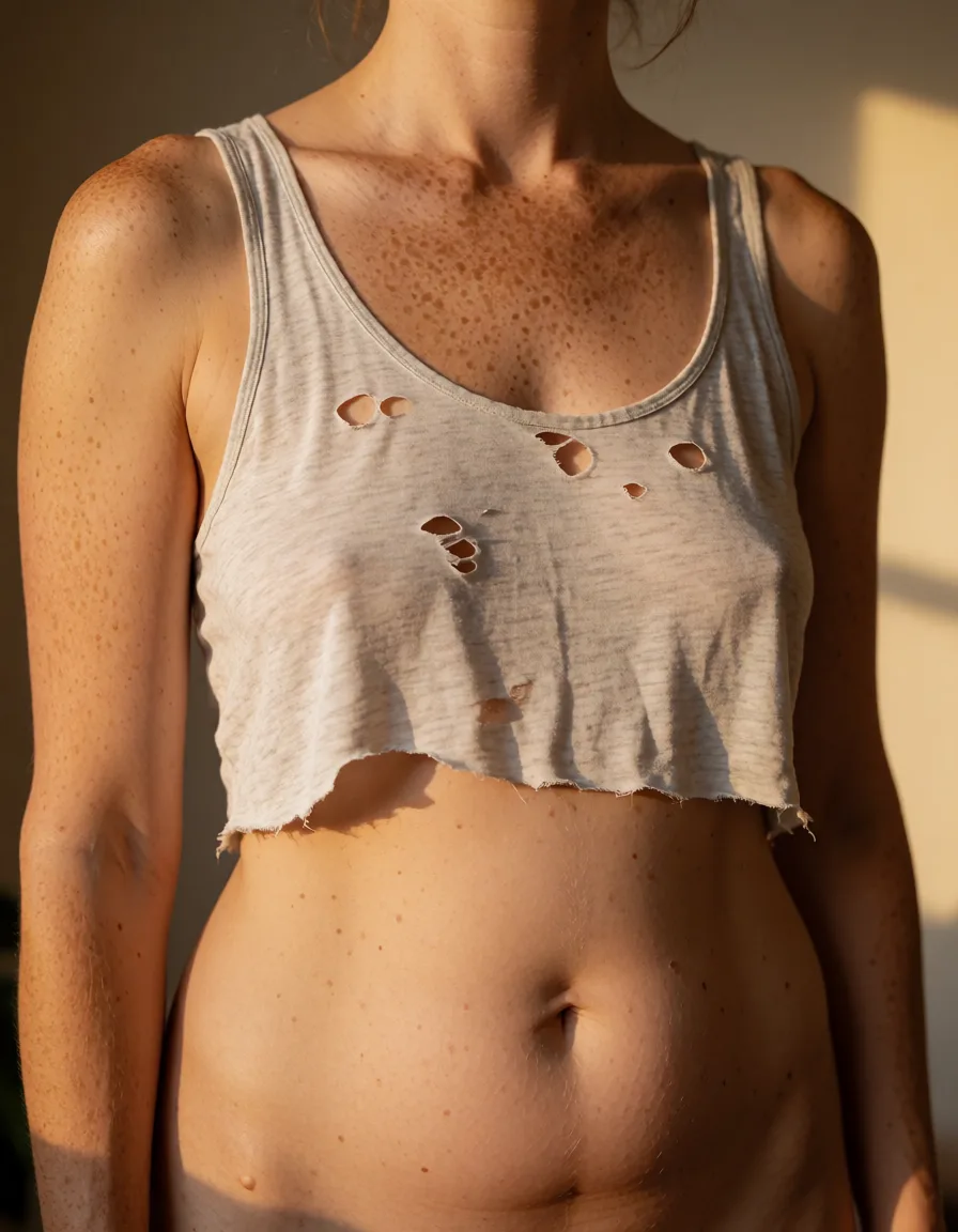 a photograph, Photorealistic candid torso photograph of one clearly mature adult woman with warm light-medium natural skin. She has a compact, naturally soft and curvy build with a natural waist, medium chest, and a visibly soft gently rounded stomach. Her body has realistic proportions, subtle asymmetry, natural folds, visible pores, ordinary skin texture and small everyday imperfections.Abundant irregular freckles are scattered naturally across her shoulders, chest, upper arms, stomach and sides. They vary naturally in size, density and spacing.She wears a very thin, worn light-gray crop top with small irregular tears, loose natural fabric, and a frayed uneven hem.Her posture is completely relaxed rather than posed. Her stomach remains naturally soft instead of being held flat or flexed.Warm apartment window light, realistic candid photography, unretouched skin, ordinary everyday atmosphere, no glamour styling., warm golden afternoon daylight, soft natural shadows, warm amber tones, gentle contrast, fine film grain, smooth clear skin, strikingly beautiful, radiant complexion, early twenties