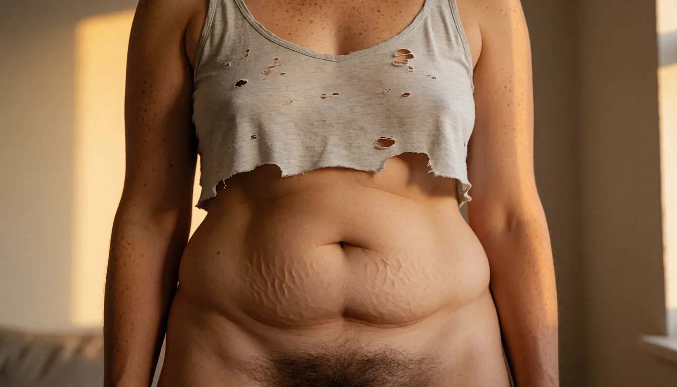 a photograph, Photorealistic candid torso photograph of one mature adult woman with warm light-medium natural skin. She has a short, compact torso and a naturally soft body. Her stomach is visibly soft and gently rounded from the ribs through the lower abdomen, with natural fullness through her sides and waist. Her waist is only moderately defined rather than narrow. Her abdomen has ordinary soft folds and subtle asymmetry created naturally by relaxed posture.She has a medium chest and realistic, non-exaggerated proportions. Her body is relaxed and unposed.Natural freckles are scattered irregularly across her shoulders, chest, upper arms, sides and stomach. The freckles continue across the abdomen rather than being concentrated only on her upper chest.Her skin has visible natural texture, pores, tiny marks, fine variations in tone and ordinary imperfections.She wears a thin, worn light-gray crop top with irregular small tears and a naturally frayed uneven hem. The fabric hangs loosely rather than compressing or shaping her body.Warm apartment window light, candid realistic photography, unretouched natural appearance. She has abundant natural body hair. Fine, soft body hair is naturally visible across her lower abdomen and around her waist. A dense natural patch of dark pubic hair is visible beginning above the waistband area, with irregular wispy edge hairs extending naturally upward onto the lower stomach. The hair looks completely natural and ungroomed rather than stylized or artificially patterned., warm golden afternoon daylight, soft natural shadows, warm amber tones, gentle contrast, fine film grain, smooth clear skin, strikingly beautiful, radiant complexion, early twenties