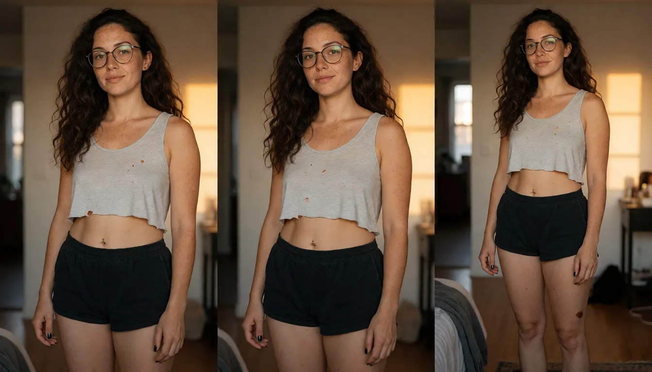 a photograph, Photorealistic candid full-body photograph of one clearly mature adult woman, 5'4", with warm light-medium natural skin and a compact, naturally soft curvy build. She has a relatively short torso, medium chest, fuller hips and thighs, a modest natural waist, and a small soft lower-belly pouch. Her proportions are realistic and moderate, with subtle natural asymmetry.Her skin is unretouched and naturally textured, with visible pores, tiny marks, faint creases and ordinary variations in tone.She has long, thick, naturally messy wavy hair in a very dark warm-brown color, not black and with no red coloration. Her eyes are natural hazel.She has abundant irregular natural freckles. They are densest across her nose and cheeks and continue naturally across her forehead, chin, neck, shoulders, arms, chest, stomach, sides and legs. They vary in size, density and spacing.A small subtle dark beauty mark sits beneath the outer side of her left eye.She wears thin, softly rounded gunmetal wire-frame glasses.Her ears are human-sized and mostly human in appearance, with only an extremely subtle point formed by slightly unusual upper cartilage. Her left ear has a tiny notch along its upper outer edge.Both earlobes are pierced. Her right ear has one small cartilage piercing. A tiny simple stud sits in her right nostril. She has a simple understated navel piercing with small plain metal jewelry.Her fingernails and toenails are ordinary natural nails painted black.Fine natural dark body hair is subtly visible across her lower abdomen, becoming gradually more noticeable toward the lower stomach. Abundant irregular wispy edge hairs extend naturally upward from the pubic region toward the waistband area, with uneven organic distribution rather than a sharply defined shape.She wears a thin, worn light-gray crop top with a few small irregular tears and a softly frayed uneven hem. The fabric hangs naturally without shaping her body. She wears comfortable dark shorts.A small irregular warm-brown birthmark is visible behind her right knee toward the inner side.She stands comfortably with relaxed shoulders, arms and abdomen, looking naturally toward the camera. Her posture is casual rather than posed.Warm late-afternoon window light inside an ordinary lived-in apartment. Realistic candid photography, natural shadows, no glamour styling or artificial skin smoothing.One woman only. One continuous photograph, not a collage or character sheet. Head-to-toe composition with her entire body visible and both feet inside the frame., warm golden afternoon daylight, soft natural shadows, warm amber tones, gentle contrast, fine film grain, smooth clear skin, strikingly beautiful, radiant complexion, early twenties