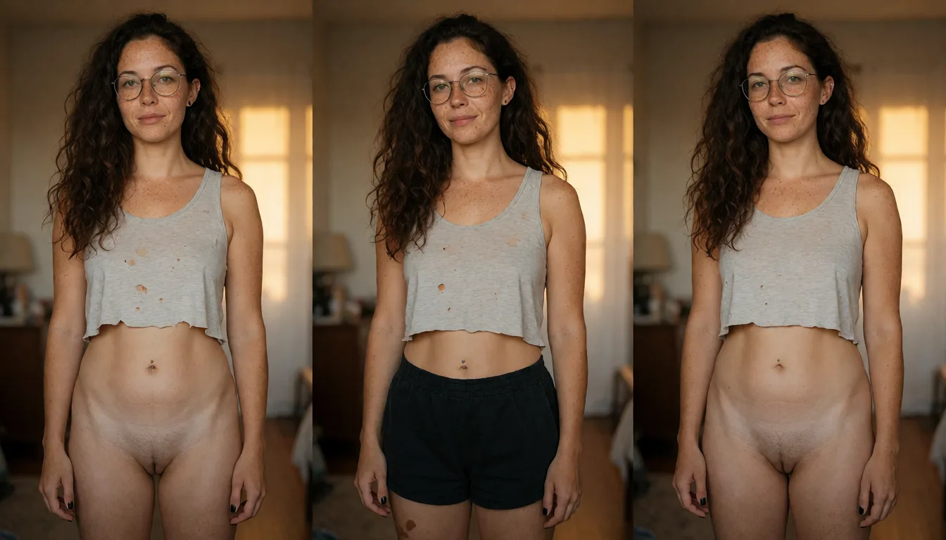 a photograph, Single candid photograph of one woman standing alone. No multiple views, no repeated person, no side-by-side images, no collage, no reference sheet. Photorealistic candid full-body photograph of one clearly mature adult woman, 5'4", with warm light-medium natural skin and a compact, naturally soft curvy build. She has a relatively short torso, medium chest, fuller hips and thighs, a modest natural waist, and a small soft lower-belly pouch. Her proportions are realistic and moderate, with subtle natural asymmetry.Her skin is unretouched and naturally textured, with visible pores, tiny marks, faint creases and ordinary variations in tone.She has long, thick, naturally messy wavy hair in a very dark warm-brown color, not black and with no red coloration. Her eyes are natural hazel.She has abundant irregular natural freckles. They are densest across her nose and cheeks and continue naturally across her forehead, chin, neck, shoulders, arms, chest, stomach, sides and legs. They vary in size, density and spacing.A small subtle dark beauty mark sits beneath the outer side of her left eye.She wears thin, softly rounded gunmetal wire-frame glasses.Her ears are human-sized and mostly human in appearance, with only an extremely subtle point formed by slightly unusual upper cartilage. Her left ear has a tiny notch along its upper outer edge.Both earlobes are pierced. Her right ear has one small cartilage piercing. A tiny simple stud sits in her right nostril. She has a simple understated navel piercing with small plain metal jewelry.Her fingernails and toenails are ordinary natural nails painted black.Fine natural dark body hair is subtly visible across her lower abdomen, becoming gradually more noticeable toward the lower stomach. Abundant irregular wispy edge hairs extend naturally upward from the pubic region toward the waistband area, with uneven organic distribution rather than a sharply defined shape.She wears a thin, worn light-gray crop top with a few small irregular tears and a softly frayed uneven hem. The fabric hangs naturally without shaping her body. She wears comfortable dark shorts.A small irregular warm-brown birthmark is visible behind her right knee toward the inner side.She stands comfortably with relaxed shoulders, arms and abdomen, looking naturally toward the camera. Her posture is casual rather than posed.Warm late-afternoon window light inside an ordinary lived-in apartment. Realistic candid photography, natural shadows, no glamour styling or artificial skin smoothing.One woman only. One continuous photograph, not a collage or character sheet. Head-to-toe composition with her entire body visible and both feet inside the frame., warm golden afternoon daylight, soft natural shadows, warm amber tones, gentle contrast, fine film grain, smooth clear skin, strikingly beautiful, radiant complexion, early twenties