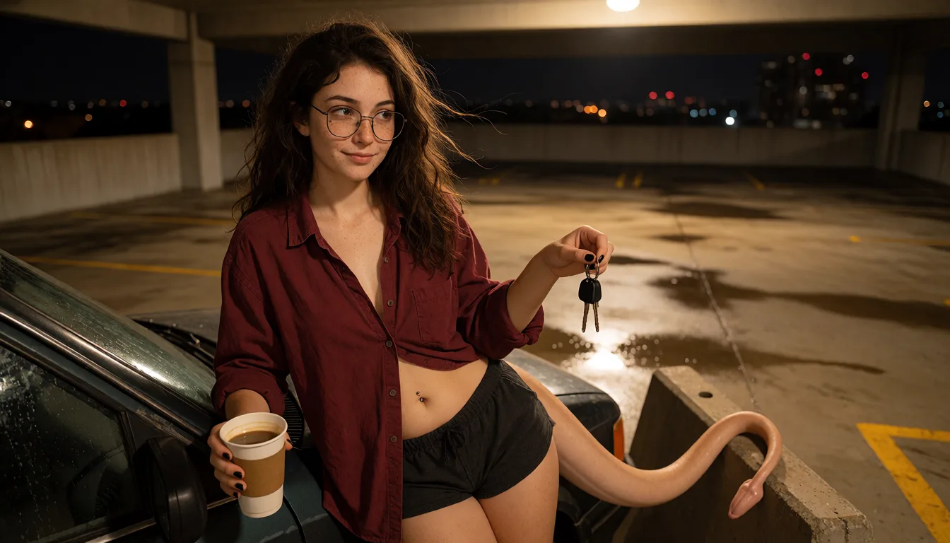 a photograph, Casual unedited phone photo of Lyra, a clearly mature adult woman, 5'4", with warm light-medium natural skin and a compact, naturally soft curvy build. She is slightly fuller and softer through her waist, lower stomach, hips and thighs while remaining naturally proportioned. She has long, thick, naturally messy wavy dark-brown hair, hazel eyes, abundant irregular freckles across her face and body, and thin rounded gunmetal wire-frame glasses. Her skin has natural unretouched texture and subtle asymmetry. She has a small beauty mark beneath the outer side of her left eye, a tiny right nostril stud, simple ear piercings, an understated navel piercing, black-painted nails, and naturally visible dark body hair. She wears the oversized burgundy button-up shirt unbuttoned partly with the sleeves loosely rolled up, dark charcoal shorts, and worn black sneakers.A long smooth skin-toned tail extends naturally from the base of her spine, thicker at the base and gradually tapering toward a softly rounded hooded end with a subtle division like a penis. Lyra is alone on the top level of a nearly empty parking garage shortly after midnight. The concrete is still wet from recent rain and reflects distant city lights.She is leaning casually against the hood of an old dark-colored car, holding a paper cup of terrible vending-machine coffee in one hand and the car keys loosely in the other.She notices the photographer approaching and gives them a slow amused look over her glasses, then casually holds the keys out just beyond their reach with a tiny teasing smile, clearly making them come closer if they want them back.Her tail hangs lazily behind her and curls around one of the concrete parking barriers nearby, relaxed rather than posed.Wind moves a few strands of her messy hair. A dim fluorescent fixture overhead mixes with distant orange and white city light.Medium-full vertical framing with Lyra filling most of the image. Ordinary handheld Pixel phone photo, automatic exposure and white balance, mild sensor noise, slightly imperfect framing, realistic skin pores and fine hairs, natural low-light photography and ordinary real-world colors., warm golden afternoon daylight, soft natural shadows, warm amber tones, gentle contrast, fine film grain, smooth clear skin, strikingly beautiful, radiant complexion, early twenties