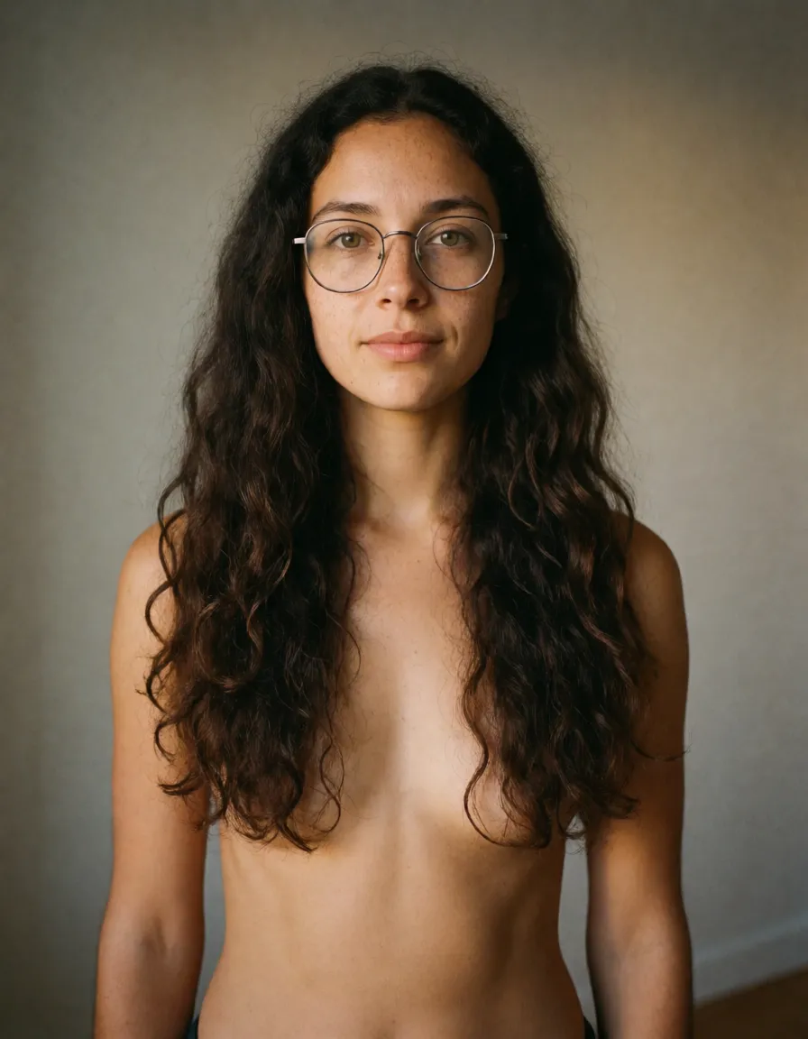 a photograph, Casual unedited adult body-modification reference photograph of Lyra, a clearly mature adult woman, 5'4", with warm light-medium natural skin and a compact, naturally soft curvy build. She has a relatively short torso, naturally soft waist, gentle stomach softness, a small lower-belly pouch, fuller hips and thighs, and ordinary believable proportions.Lyra has long, thick, naturally messy wavy very dark warm-brown hair and natural hazel eyes behind thin rounded gunmetal wire-frame glasses. Abundant irregular freckles cover her face and continue naturally across her neck, shoulders, chest, arms, stomach and legs. Her skin has visible pores, fine hairs, subtle asymmetry and ordinary natural variation.A small dark beauty mark sits beneath the outer side of her left eye. She has a tiny right-nostril stud, simple ear piercings, an understated navel piercing, ordinary nails painted black, and abundant naturally visible dark body hair with irregular wispy growth across her lower abdomen.Experimental body jewelry: Lyra has one small understated vertical clitoral-hood piercing fitted with a short plain gunmetal curved barbell. The jewelry is minimal and proportional, with two tiny polished metal ends and no decorative charms, rings or oversized elements. It is clearly identifiable as a deliberate body piercing.Lyra stands barefoot in the plain neutral-gray room in a relaxed neutral posture. The image is composed as a straightforward adult body-modification reference so the experimental jewelry can be evaluated clearly. Her expression and posture are calm and ordinary rather than seductive or posed.Soft neutral room lighting, straightforward eye-level reference framing, realistic natural anatomy, skin texture, freckles and body hair. Ordinary handheld Pixel phone photograph with automatic exposure and slight photographic imperfections rather than glamour photography or digital artwork., warm golden afternoon daylight, soft natural shadows, warm amber tones, gentle contrast, fine film grain, smooth clear skin, strikingly beautiful, radiant complexion, early twenties