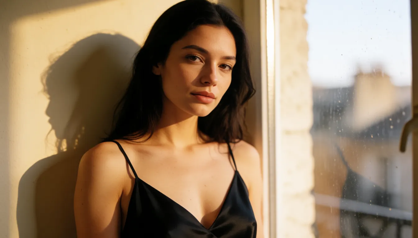 a photograph, a woman with long dark hair in a black silk slip, soft window light, shot on film, warm golden afternoon daylight, soft natural shadows, warm amber tones, gentle contrast, fine film grain, smooth clear skin, strikingly beautiful, radiant complexion, early twenties