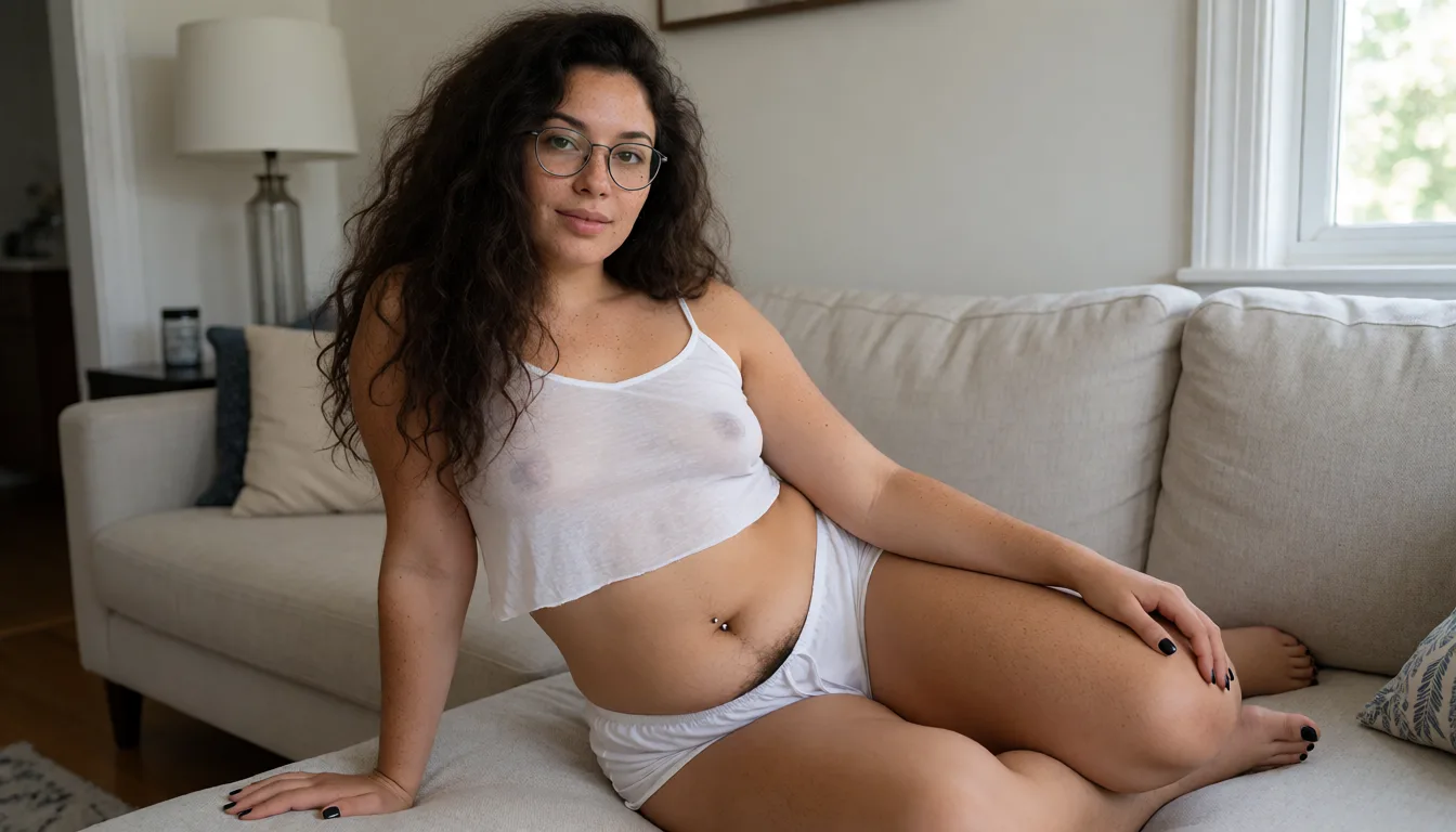 an amateur snapshot, Adult woman in her 30s, 5'4", with a short, soft, naturally curvy build, rounded stomach, fuller hips and thighs, and realistic proportions.
Warm light-medium skin with natural texture and lots of freckles across her face, shoulders, arms, chest, stomach, and legs.
Long, very thick, messy wavy dark-brown hair and hazel eyes. Thin round gunmetal glasses, a tiny right nostril stud, small ear piercings, navel piercing, and black-painted nails.
Visible natural adult body hair everywhere, including natural hair around her lower stomach and waistband.
She is wearing a super sheer thin soft white cropped sleep top and matching short white sleep shorts. Barefoot.
Photorealistic, candid, natural-looking adult woman with realistic skin texture and an everyday unpolished appearance.

shes tading in the middle of the living room loungng ona long sofa watching Tv casually., plenty of natural daylight, flat even light, casual unposed snapshot, natural everyday colour, mild noise, natural unretouched skin, strikingly beautiful, radiant complexion, early twenties
