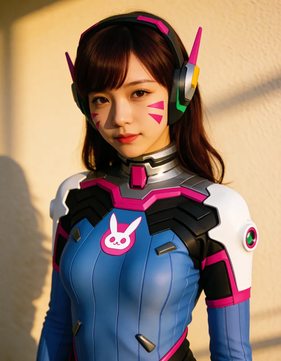 a photograph, D.va (gigantic_breasts:1.5) , tight D.VA suit showing curvy body, warm golden afternoon daylight, soft natural shadows, warm amber tones, gentle contrast, fine film grain, smooth clear skin, strikingly beautiful, radiant complexion, early twenties