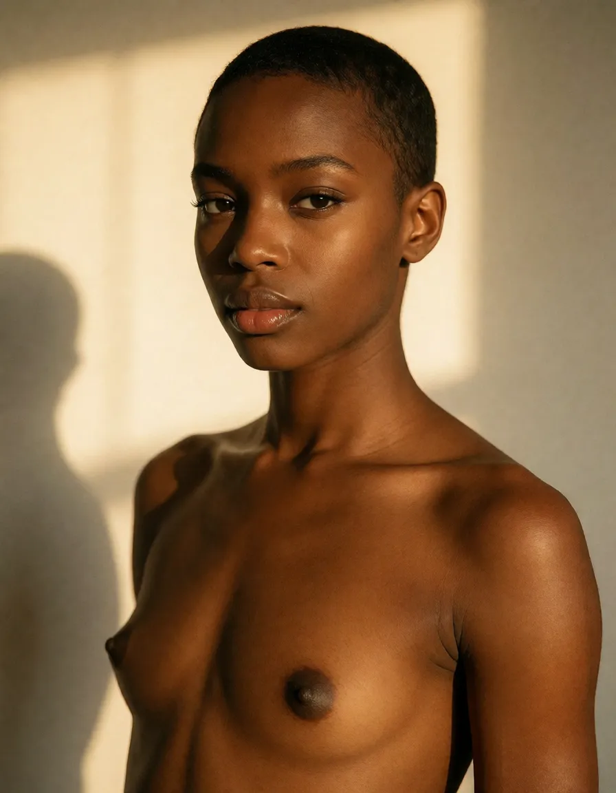 a photograph, very short hair buzz cut cute ebony trans woman with small tits and a giant big black cock., warm golden afternoon daylight, soft natural shadows, warm amber tones, gentle contrast, fine film grain, smooth clear skin, strikingly beautiful, radiant complexion, early twenties