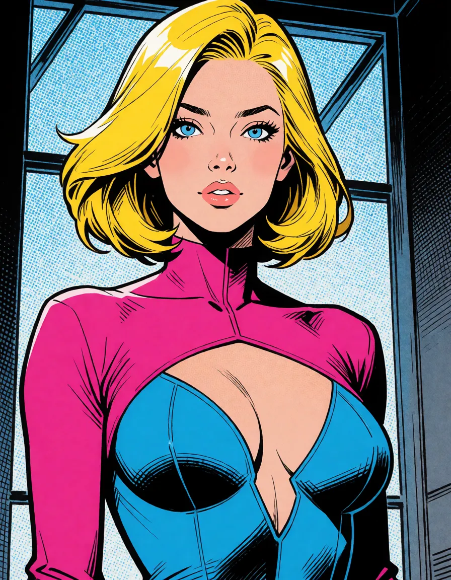 comic book art, a woman with blonde_hair bobcut blue_eyes bodysuit cameltoe, bold black ink outlines, halftone dot shading, cross hatched shadows, flat four colour print palette, hard high contrast comic inking, printed comic page, strikingly beautiful, radiant complexion, early twenties