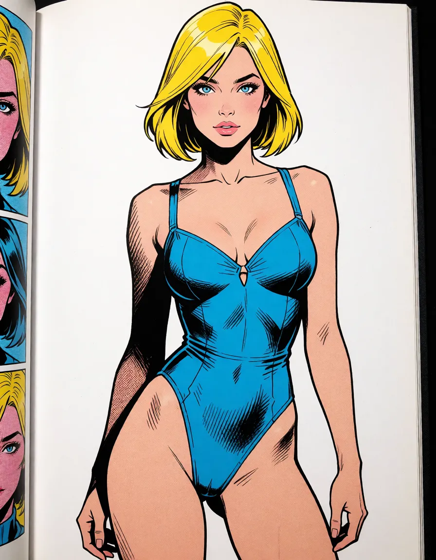 comic book art, a woman with blonde_hair bobcut blue_eyes bodysuit cameltoe full_body, bold black ink outlines, halftone dot shading, cross hatched shadows, flat four colour print palette, hard high contrast comic inking, printed comic page, strikingly beautiful, radiant complexion, early twenties