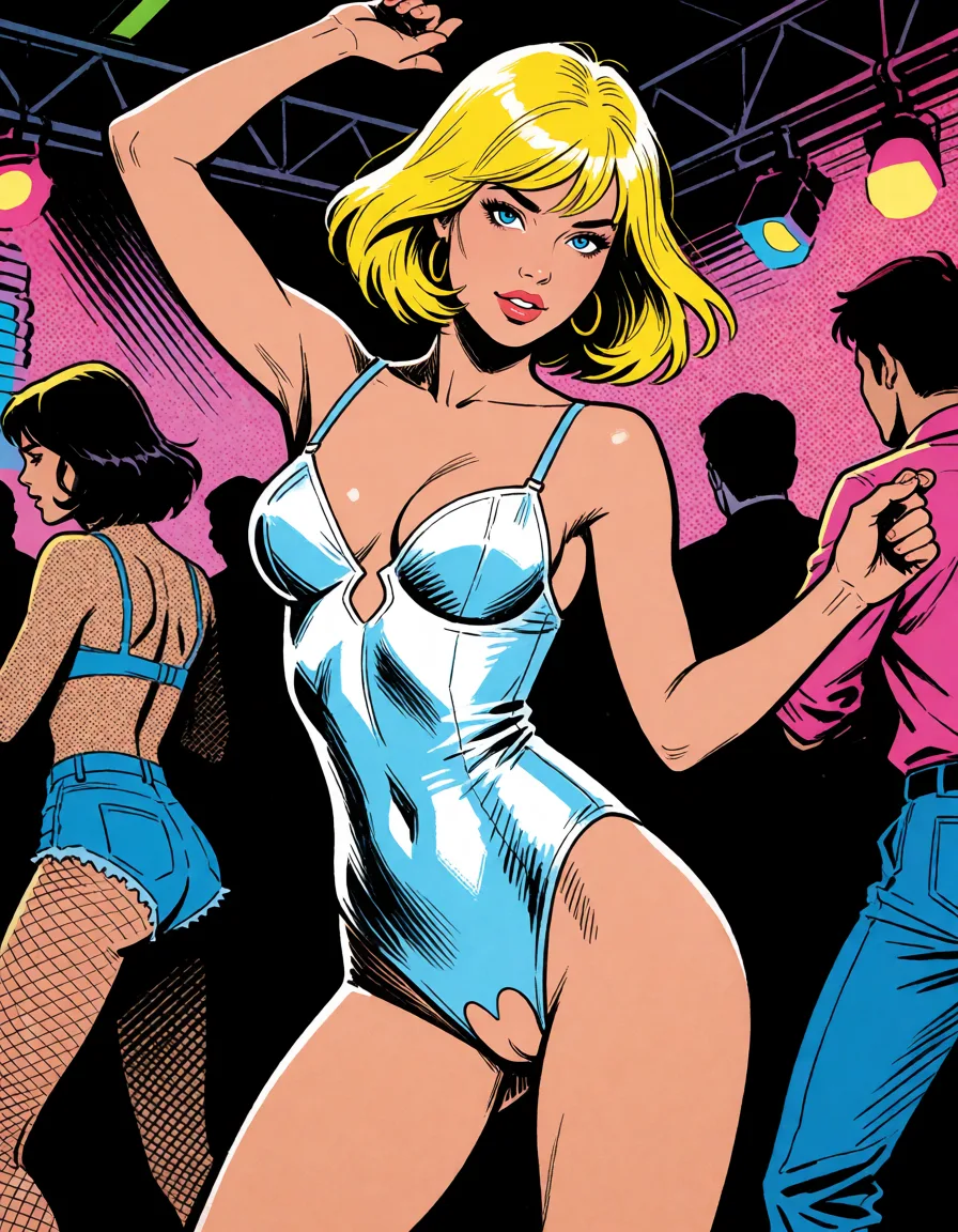 comic book art, a woman with blonde_hair bobcut blue_eyes bodysuit cameltoe full_body dancing dance_club, bold black ink outlines, halftone dot shading, cross hatched shadows, flat four colour print palette, hard high contrast comic inking, printed comic page, strikingly beautiful, radiant complexion, early twenties