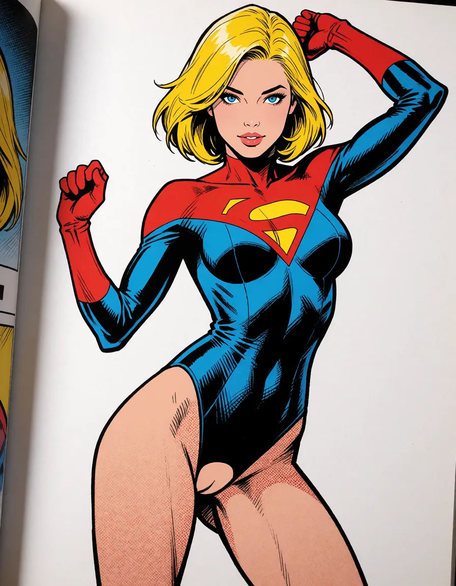 comic book art, a woman with blonde_hair bobcut blue_eyes bodysuit cameltoe full_body dancing superhero_costume, bold black ink outlines, halftone dot shading, cross hatched shadows, flat four colour print palette, hard high contrast comic inking, printed comic page, strikingly beautiful, radiant complexion, early twenties