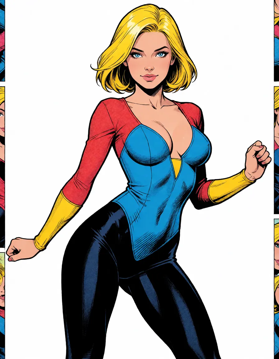 comic book art, a woman with blonde_hair bobcut blue_eyes bodysuit cameltoe full_body dancing superhero_costume tight_clothes leggings, bold black ink outlines, halftone dot shading, cross hatched shadows, flat four colour print palette, hard high contrast comic inking, printed comic page, strikingly beautiful, radiant complexion, early twenties