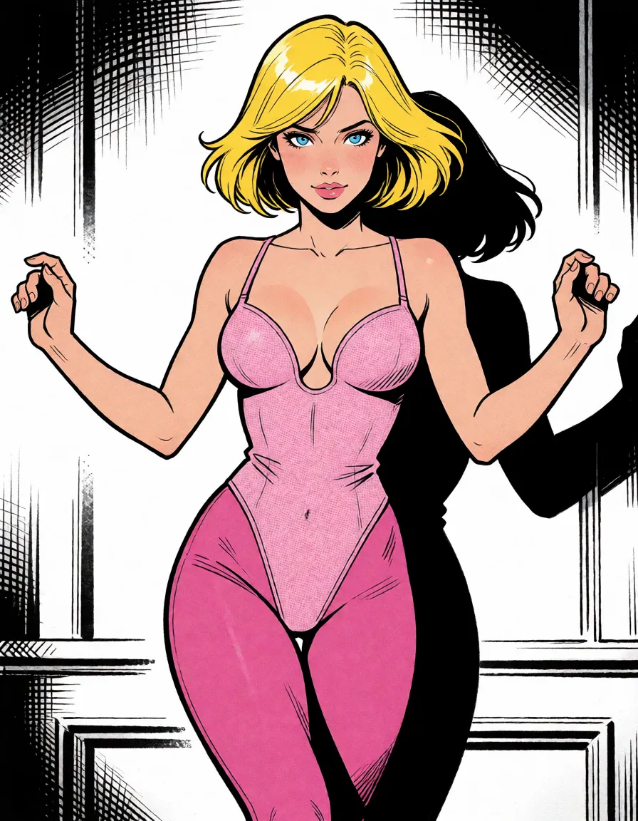 comic book art, a woman with blonde_hair bobcut blue_eyes bodysuit cameltoe full_body dancing pink_clothes tight_clothes leggings, bold black ink outlines, halftone dot shading, cross hatched shadows, flat four colour print palette, hard high contrast comic inking, printed comic page, strikingly beautiful, radiant complexion, early twenties