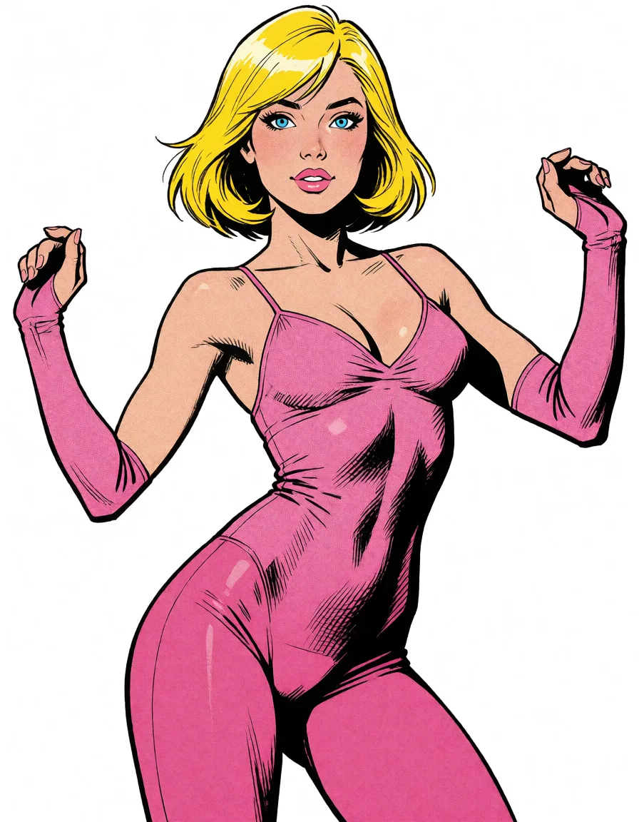 comic book art, a woman with blonde_hair bobcut blue_eyes bodysuit full_body dancing pink_clothes tight_clothes leggings showing cameltoe, bold black ink outlines, halftone dot shading, cross hatched shadows, flat four colour print palette, hard high contrast comic inking, printed comic page, strikingly beautiful, radiant complexion, early twenties