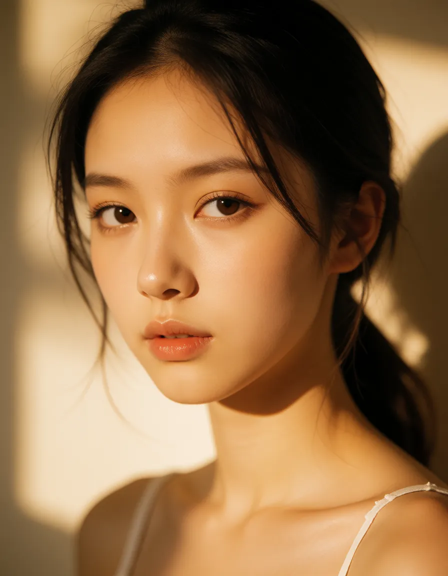 a photograph, 19岁女孩, warm golden afternoon daylight, soft natural shadows, warm amber tones, gentle contrast, fine film grain, smooth clear skin, strikingly beautiful, radiant complexion, early twenties