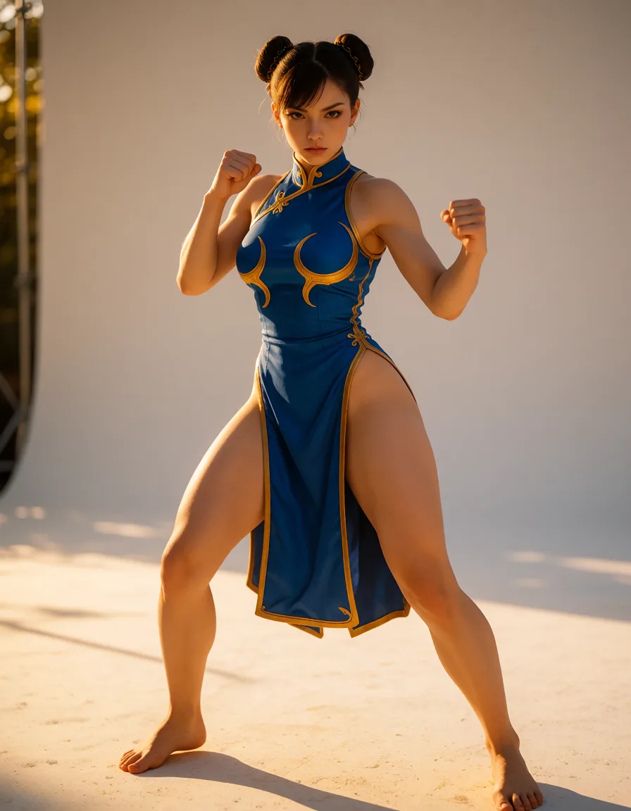 a photograph, Chun-Li of the video game street fighter, fierce look on her face, splited short blue dress goes down to the knees, with a lucious body, standing ready to fight, fighting position, pussy not visible, background empty and white, feet visible, warm golden afternoon daylight, soft natural shadows, warm amber tones, gentle contrast, fine film grain, smooth clear skin, strikingly beautiful, radiant complexion, early twenties
