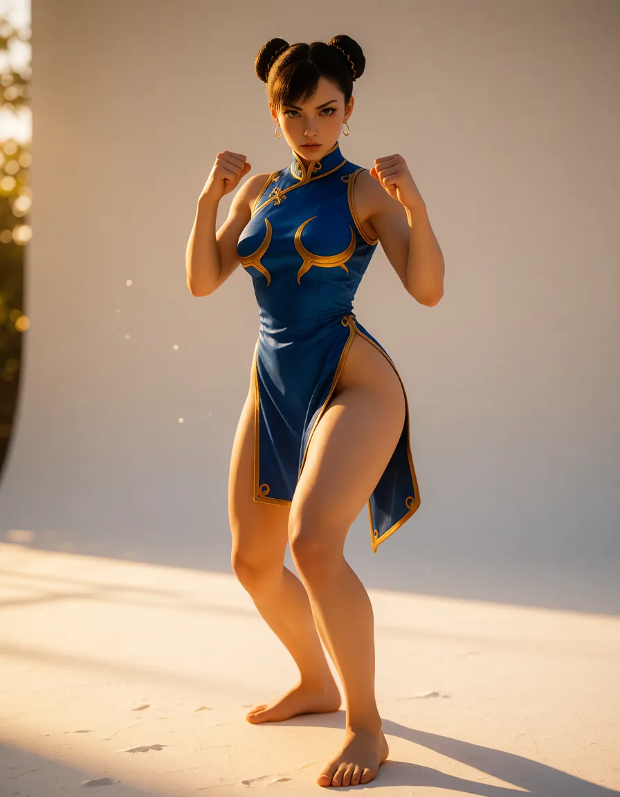 a photograph, Chun-Li of the video game street fighter, fierce look on her face, splited short blue dress goes down above the knees, with a lucious body, standing ready to fight, fighting position, pussy not visible, background empty and white, feet visible, warm golden afternoon daylight, soft natural shadows, warm amber tones, gentle contrast, fine film grain, smooth clear skin, strikingly beautiful, radiant complexion, early twenties
