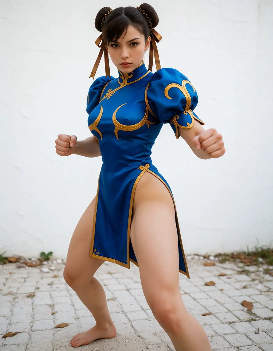an amateur snapshot, Chun-Li of the video game street fighter, fierce look on her face, splited short blue dress goes down above the knees, with a lucious body, standing ready to fight, fighting position, pussy not visible, background empty and white, feet visible, plenty of natural daylight, flat even light, casual unposed snapshot, natural everyday colour, mild noise, natural unretouched skin, strikingly beautiful, radiant complexion, early twenties