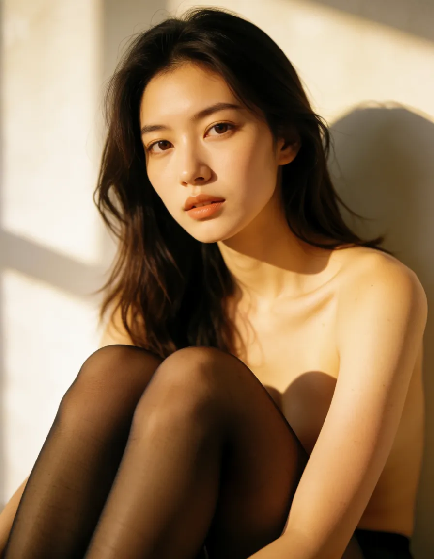a photograph, mom in pantyhose, warm golden afternoon daylight, soft natural shadows, warm amber tones, gentle contrast, fine film grain, smooth clear skin, strikingly beautiful, radiant complexion, early twenties