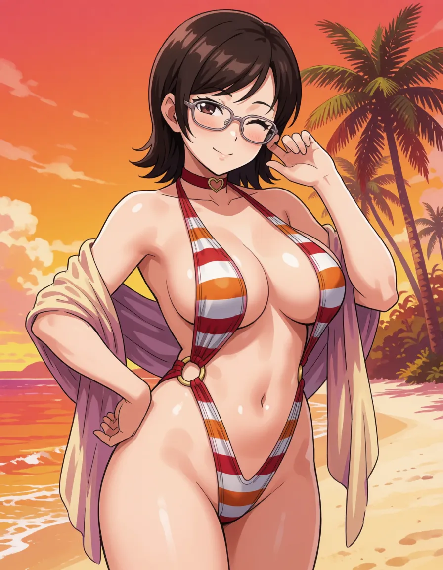 hentai anime art, 1woman, small height asian milf, tsurime, parted lips, smile, wink, beautiful lips, glasses, striped slingshot swimsuit, draped shawl, heart choker, ringed swimsuit, bbw, fat, absurdly huge natural breasts, big chubby belly, large bottom, standing, legs apart, hand on hip, one hand up, holding own face, beach, palm trees,, clean lineart, smooth cel shading, glossy highlights, saturated warm colour, drawn illustration, strikingly beautiful, radiant complexion, early twenties