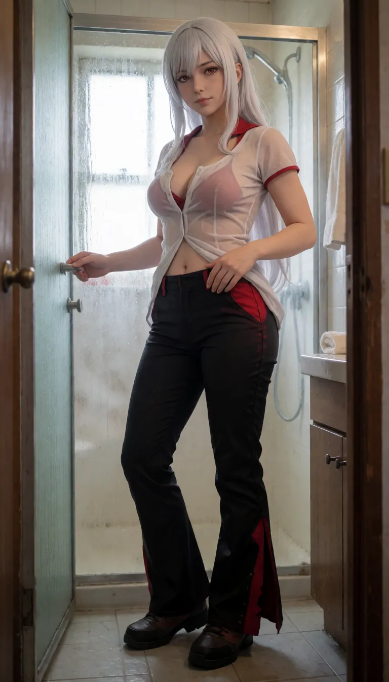 an amateur snapshot, Velvra: An adult woman with long silver hair and a confident. natural skin texture. Her usual clothing follows a sheer red-and-black palette: a sheer fitted light-colored or pale top worn casually with all buttons undone, paired with very sheer fitted black bartending-style pants and practical dark footwear. She has a smooth, skin-toned tail attached naturally at the base of her spine. It gradually broadens toward a rounded hood-like terminal end like a penis.
She is undressing, standing by the shower in her own dimmly lit bathroom. the room is steamy/foggy., plenty of natural daylight, flat even light, casual unposed snapshot, natural everyday colour, mild noise, natural unretouched skin, strikingly beautiful, radiant complexion, early twenties