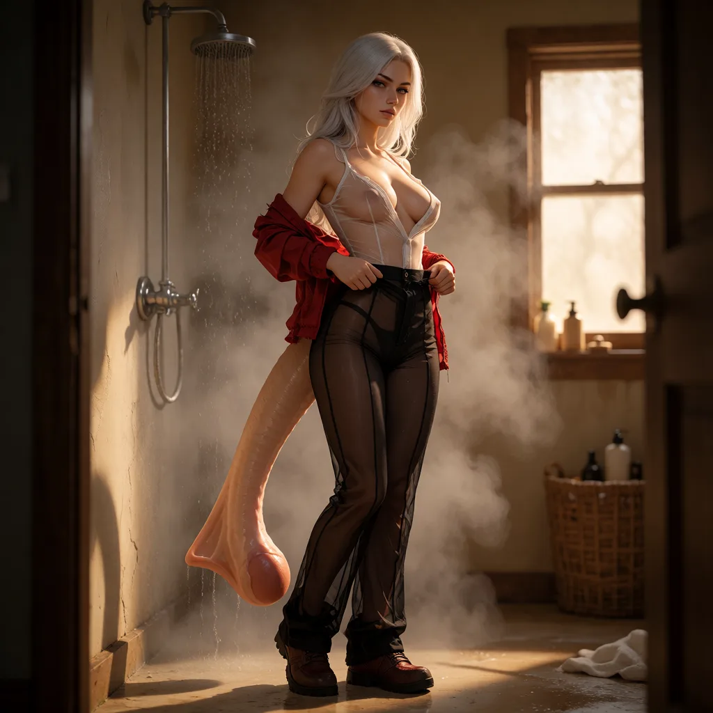 a photograph, Velvra: An adult woman with long silver hair and a confident. sharp facial features.  natural skin texture. Her usual clothing follows a sheer red-and-black palette: a sheer fitted light-colored or pale top worn casually with all buttons undone, paired with very sheer fitted black bartending-style pants and practical dark footwear. She has a smooth, skin-toned tail attached naturally at the base of her spine. It gradually broadens toward a rounded hood-like terminal end like a penis.  

She is undressing, standing by the shower in her own dimmly lit bathroom. the room is steamy/foggy. Hyper-Real, warm golden afternoon daylight, soft natural shadows, warm amber tones, gentle contrast, fine film grain, smooth clear skin, strikingly beautiful, radiant complexion, early twenties