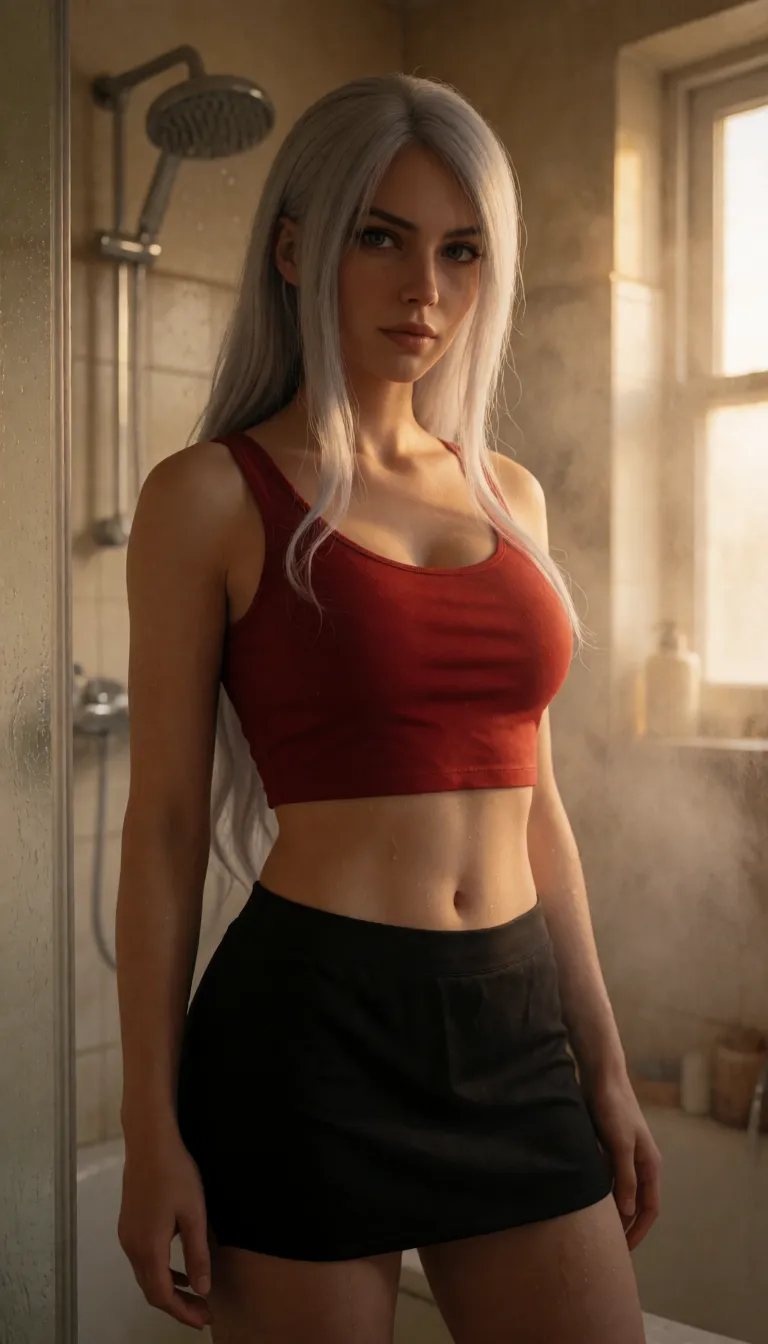 a photograph, Velvra: An adult woman with long silver hair and a confident. sharp facial features.  natural skin texture. shes wearing a sherr red crop top and a small black miniskirt  She has a smooth, skin-toned tail attached naturally at the base of her spine. It gradually broadens toward a rounded hood-like end like a penis.  

Shes standing by the shower in her own dimmly lit bathroom. the room is steamy/foggy. Hyper-Real., warm golden afternoon daylight, soft natural shadows, warm amber tones, gentle contrast, fine film grain, smooth clear skin, strikingly beautiful, radiant complexion, early twenties