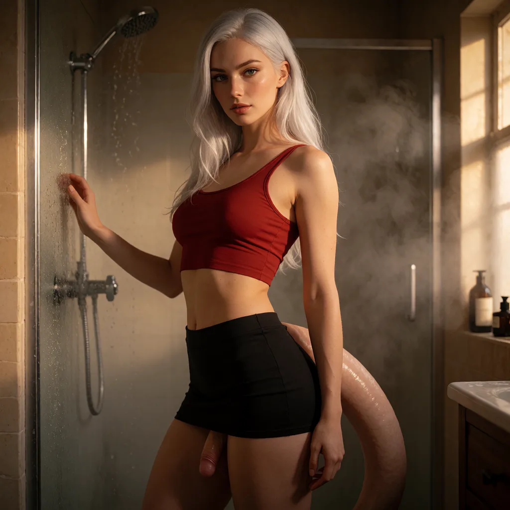 a photograph, Velvra: An adult woman with long silver hair and a confident. sharp facial features.  natural skin texture. shes wearing a sherr red crop top and a small black miniskirt revealing the tip of her penis.  She has a smooth, skin-toned tail attached naturally at the base of her spine. It gradually broadens toward a rounded hood-like end like a penis.  

Shes standing by the shower in her own dimmly lit bathroom. the room is steamy/foggy. Hyper-Real., warm golden afternoon daylight, soft natural shadows, warm amber tones, gentle contrast, fine film grain, smooth clear skin, strikingly beautiful, radiant complexion, early twenties