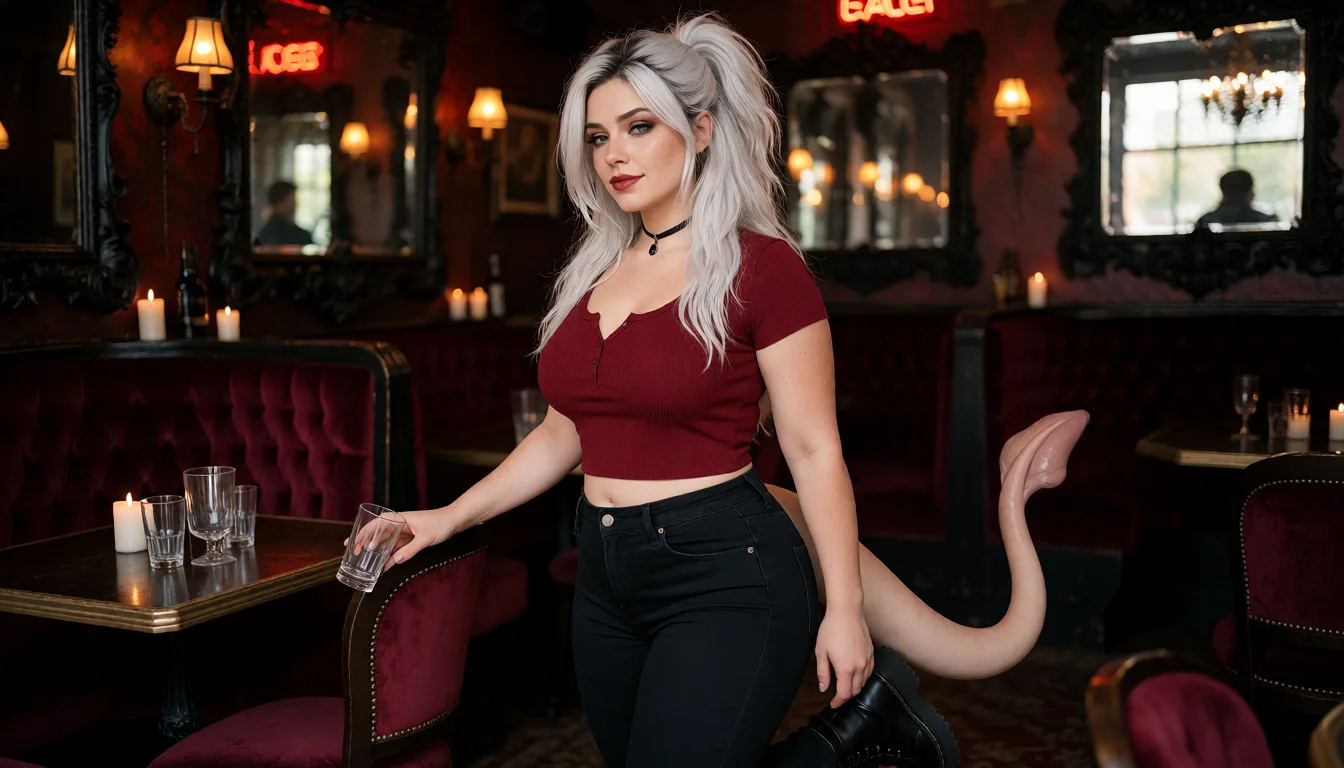 a photograph, Photorealistic candid 35mm film photograph of Velvra, a confident, attractive adult woman with long, thick silver-white hair, darker natural roots, and a loosely tied high ponytail with messy strands framing her face. Defined facial features, slightly heavy-lidded eyes, smoky eye makeup, deep-red lipstick, and a calm, self-assured expression.
Her figure is naturally curvy and feminine, with a full bust, defined waist, fuller hips and thighs, and realistic human proportions. Natural matte skin with visible pores and subtle imperfections, no freckles.
She wears a fitted burgundy-red ribbed crop top with small buttons at the neckline, tight black jeans with believable fabric folds, chunky black lace-up boots, and a thin black choker with a small dark pendant.
A smooth, substantial, naturally skin-toned tail extends from her lower back, rising in a relaxed curve and ending in a softly rounded, slightly divided tip like a penis. The tail is living anatomy with natural weight, not furry, scaly, or pointed.
Inside the Velvet Veil, a dark, intimate gothic cocktail lounge with burgundy velvet booths, antique mirrors, black carved wood, warm amber lamps, red neon accents, and scattered candles.
It is nearly closing time. Velvra is collecting empty glasses from the last occupied table. She pauses when she notices someone familiar approaching, one hand resting on the back of a chair, her expression shifting into a subtle, amused smile.
The photograph catches her mid-action, slightly off-center, with the surrounding lounge visible. Her body language is relaxed, confident, and naturally flirtatious without looking staged.
Authentic amateur documentary photography, soft film grain, realistic shadows, restrained highlights, natural skin texture, unretouched appearance, atmospheric low-light exposure, believable anatomy, candid composition., warm golden afternoon daylight, soft natural shadows, warm amber tones, gentle contrast, fine film grain, smooth clear skin, strikingly beautiful, radiant complexion, early twenties