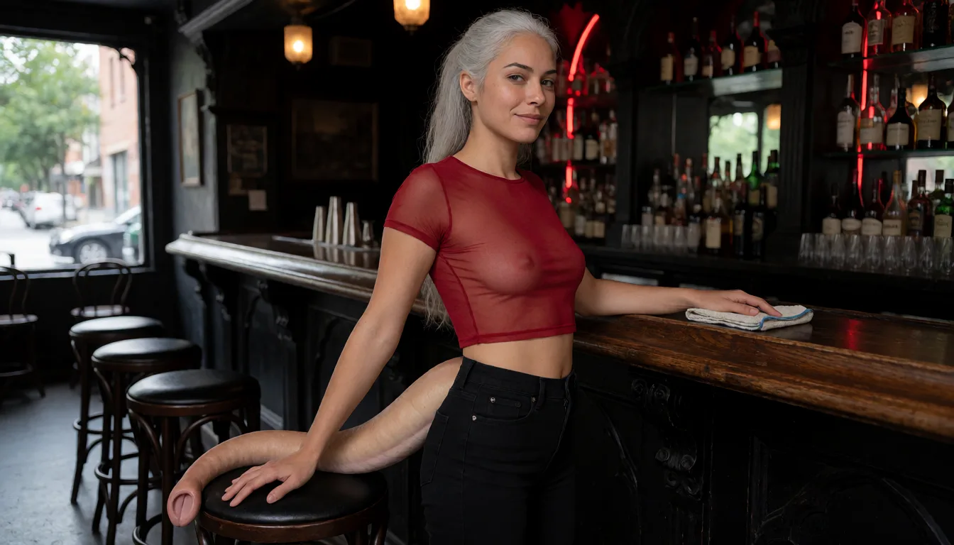 an amateur snapshot, Realistic candid photograph of an adult woman with long silver hair tied in a ponytail, a confident expression, and natural skin texture. She wears a sheer fitted red crop top and black high-waisted pants and a smooth, substantial, naturally curved skin-toned tail extends from her lower back, matching her warm skin tone with a subtle darker gradient toward the end. The tail has believable weight and a softly rounded, hooded terminal with a shallow central crease, forming one continuous piece of anatomy. Its tip is slightly broader than Lyra's, with a gentle rounded hood-like-penis head. No fur, spade, sharp point, or exaggerated thickness. The tail rests naturally beside her behind the bar.Standing behind the counter of a dark gothic cocktail bar after closing, one hand resting on a folded cleaning cloth, the other on the wooden countertop. Empty bar stools, dark bottles, warm red accent lighting, deep natural shadows, realistic anatomy, amateur photography, unposed atmosphere. Medium-wide composition showing her upper body, hands, and surrounding bar., plenty of natural daylight, flat even light, casual unposed snapshot, natural everyday colour, mild noise, natural unretouched skin, strikingly beautiful, radiant complexion, early twenties