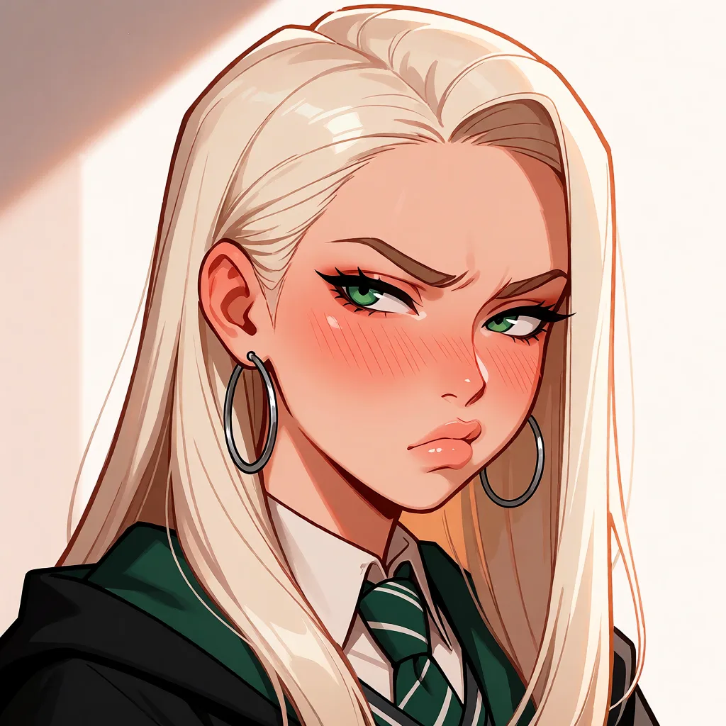 hentai anime art, Anime style illustration of female Draco Malfoy from Harry Potter. She has long straight platinum blonde hair, pale skin, sharp green eyes, wears a Slytherin uniform with a green tie and large silver hoop earrings. She is heavily blushing with an annoyed, pouting tsundere expression, looking away. Simple light background.. Потер трахает её., clean lineart, smooth cel shading, glossy highlights, saturated warm colour, drawn illustration, strikingly beautiful, radiant complexion, early twenties