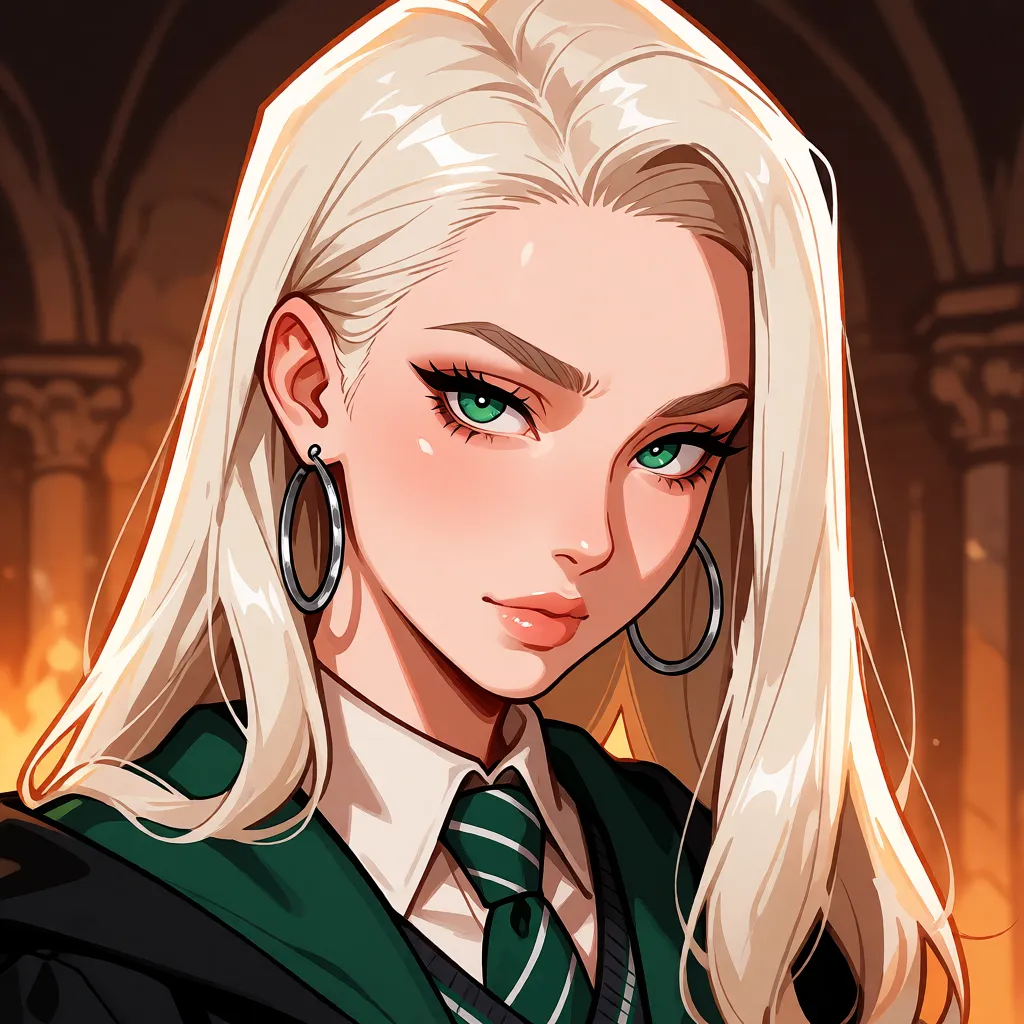 hentai anime art, Anime style illustration of female Draco Malfoy from Harry Potter. She has long straight platinum blonde hair, pale skin, sharp green eyes, wears a Slytherin uniform with a green tie and large silver hoop earrings.  tsundere. Трахается с Потером, clean lineart, smooth cel shading, glossy highlights, saturated warm colour, drawn illustration, strikingly beautiful, radiant complexion, early twenties
