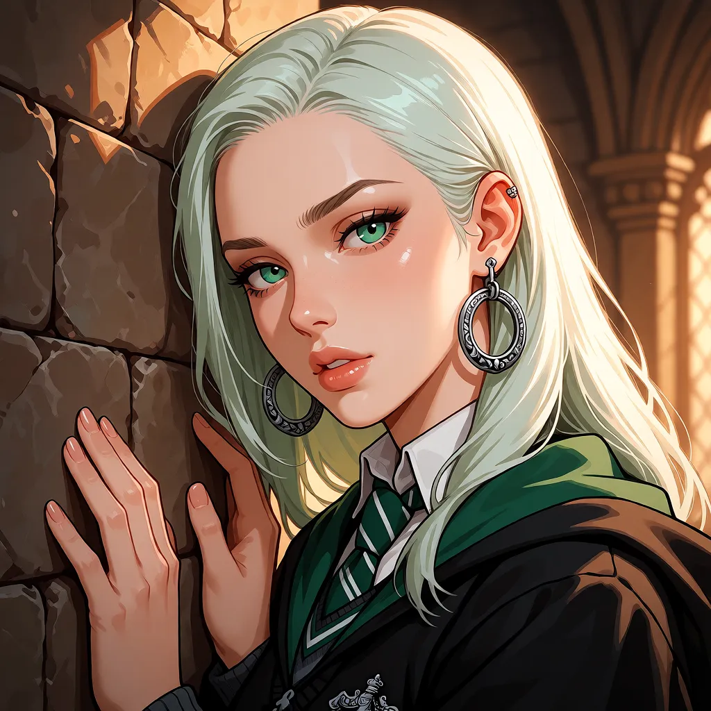hentai anime art, Иллюстрация в аниме-стиле, изображающая женскую версию Драко Малфоя из «Гарри Поттера». У неё длинные прямые платиновые светлые волосы, бледная кожа, проницательные зелёные глаза, она носит форму Слизерина с зелёным галстуком и большими серебряными серьгами-кольцами. Цундере. Она подчинилась. Поттер развернул её лицом к стене, задрал юбку, сорвал трусы — и вошёл сразу, одним резким движением, до конца. Драко вскрикнула, вцепившись в каменную кладку. Он не дал ей времени привыкнуть — взял быстрый, жёсткий ритм, держа её за бёдра так, что наверняка останутся синяки., clean lineart, smooth cel shading, glossy highlights, saturated warm colour, drawn illustration, strikingly beautiful, radiant complexion, early twenties