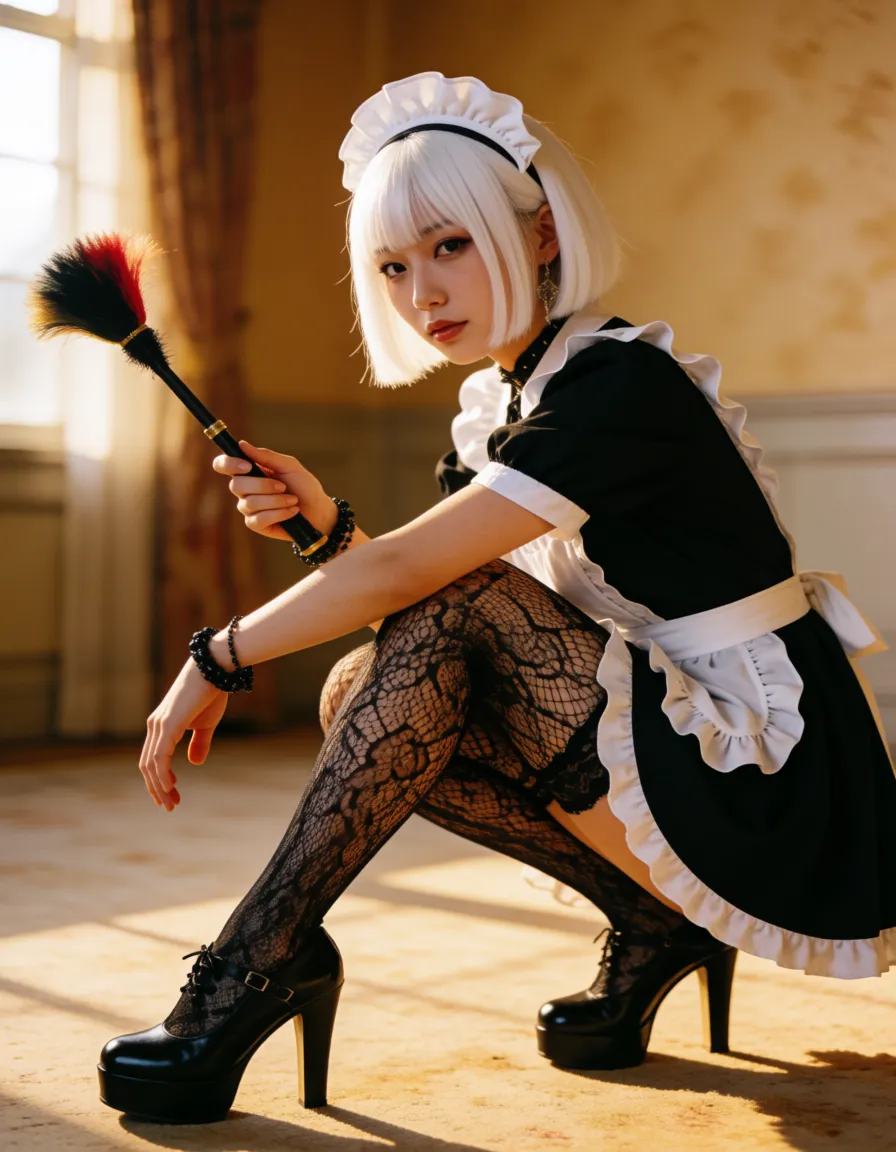 a photograph, Japanese bimbo with huge gigantic morph boobs z cup size,very slender waist, black lacy stockings, maid uniform with white maid Bonnet, black classic shoes with extremely high heels steel stilettos and platform, massive earrings,Very huge black choker around her neck, black bracelets on her wrists. Bob Straight white hair,big Plump red lips huge long lush eyelashes, She has tanned and shiny skin.bright vulgar prostitute makeup,The man picked her up on red royal room.She is holding a Multicoloured pipeduster in her hand. She is satisfied with herself. 
She has the largest and greatest BOOBS in the world.
Her owner, a huge man, lifted her skirt, spread her legs, and is fucking her.
Side view, warm golden afternoon daylight, soft natural shadows, warm amber tones, gentle contrast, fine film grain, smooth clear skin, strikingly beautiful, radiant complexion, early twenties