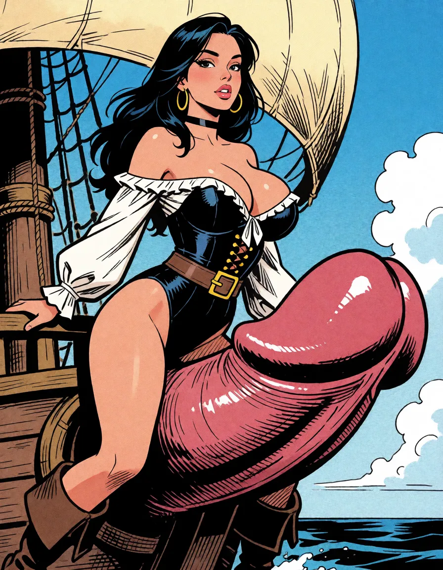 comic book art, Big tits big ass, woman in an erotic pirate costume, on a ship shaped like a penis, bold black ink outlines, halftone dot shading, cross hatched shadows, flat four colour print palette, hard high contrast comic inking, printed comic page, strikingly beautiful, radiant complexion, early twenties
