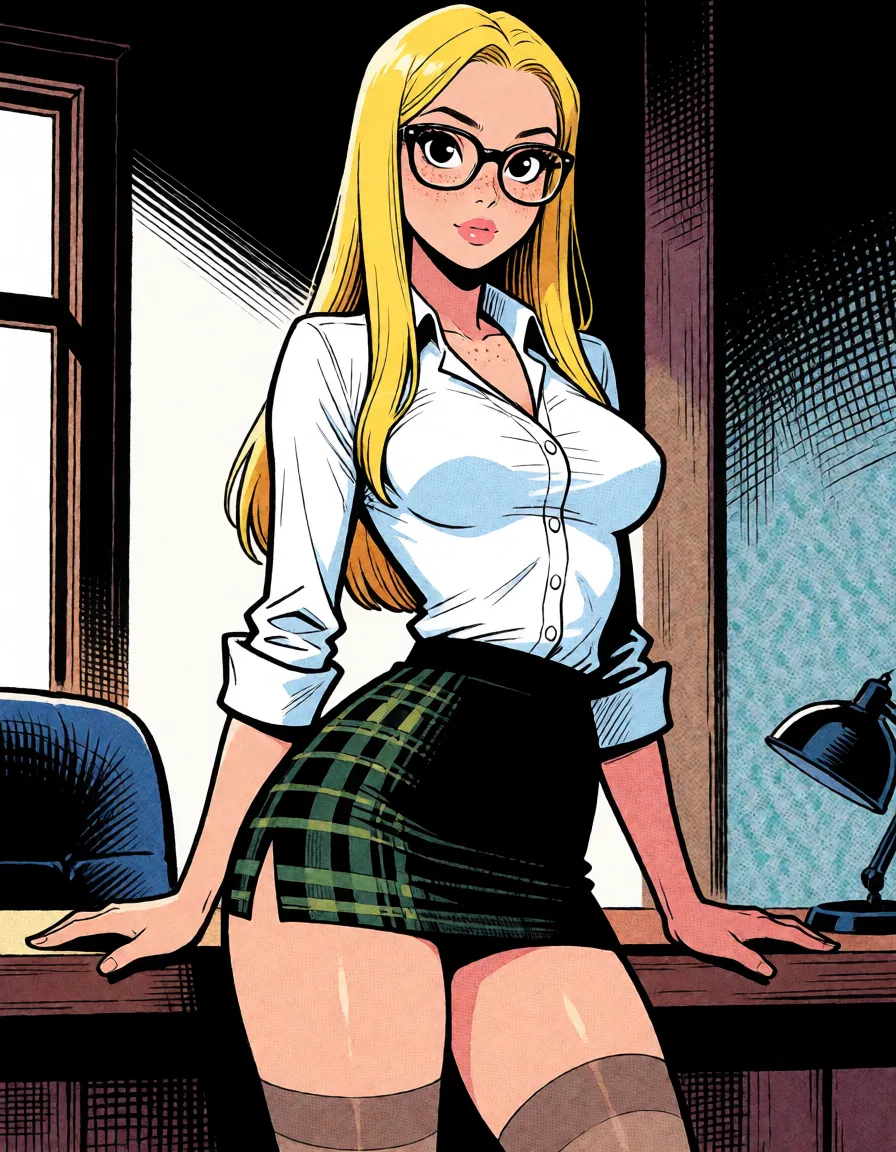 comic book art, English teacher, tall, slim, blonde, straight hair, medium-sized round and perky breasts, round bottom, long legs, glasses, large eyes, small mouth, freckles,tight white shirt, stockings, very short black skirt with a green plaid pattern, bold black ink outlines, halftone dot shading, cross hatched shadows, flat four colour print palette, hard high contrast comic inking, printed comic page, strikingly beautiful, radiant complexion, early twenties