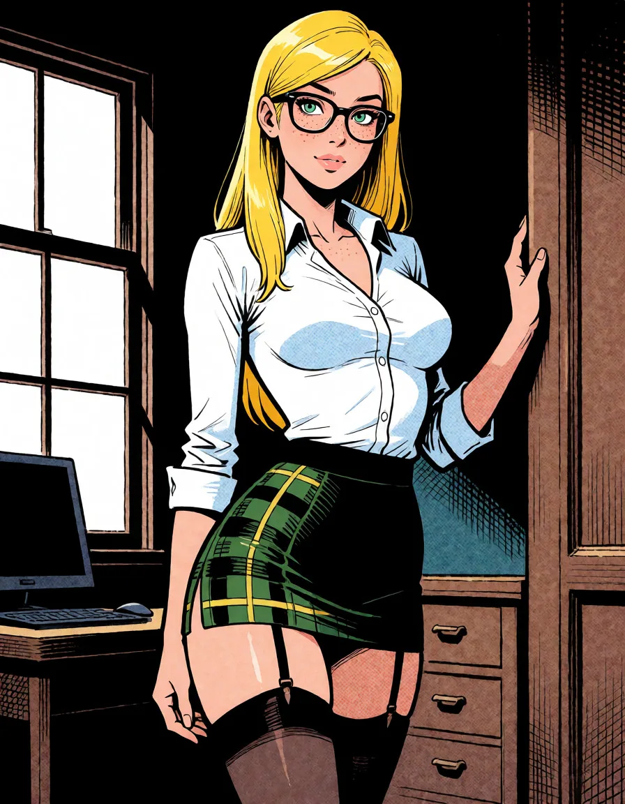 comic book art, English teacher, tall, slim, blonde, straight hair, medium-sized round and perky breasts, round bottom, long legs, glasses, green eyes, small mouth, freckles,tight white shirt, stockings, very short black skirt with a green plaid pattern, bold black ink outlines, halftone dot shading, cross hatched shadows, flat four colour print palette, hard high contrast comic inking, printed comic page, strikingly beautiful, radiant complexion, early twenties