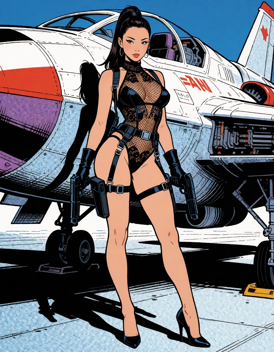 comic book art, Standing, Spaceship, curvy, straps, gloves, guns, Asian woman with long dark hair tied in a sleek high ponytail, complex black mesh and lace bodysuit,high high_heels, full_body, bold black ink outlines, halftone dot shading, cross hatched shadows, flat four colour print palette, hard high contrast comic inking, printed comic page, strikingly beautiful, radiant complexion, early twenties