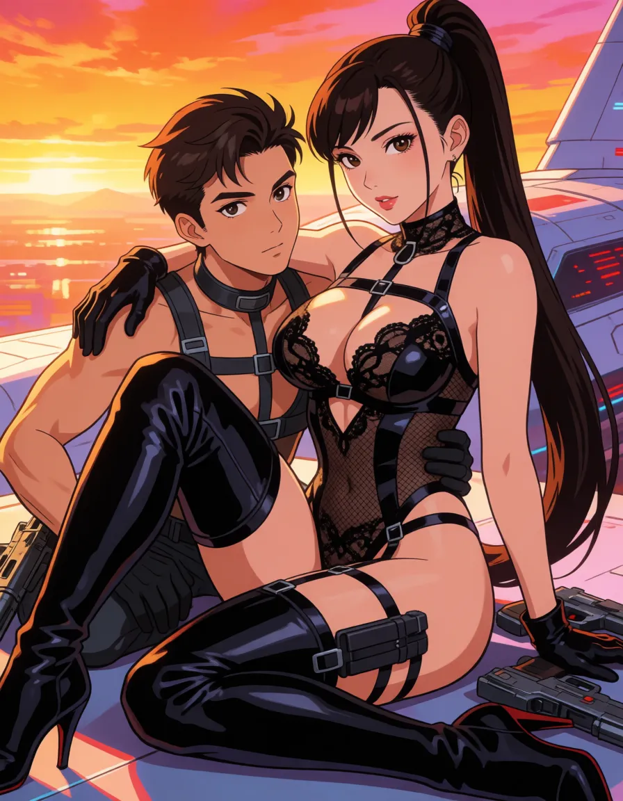 hentai anime art, 1man, 1woman, huge cock, kiss, sex_from_behind, thigh high boots, Spaceship, curvy, straps, gloves, guns, Asian woman with long dark hair tied in a sleek high ponytail, complex black mesh and lace bodysuit,high high_heels, from_behind,, clean lineart, smooth cel shading, glossy highlights, saturated warm colour, drawn illustration, strikingly beautiful, radiant complexion, early twenties