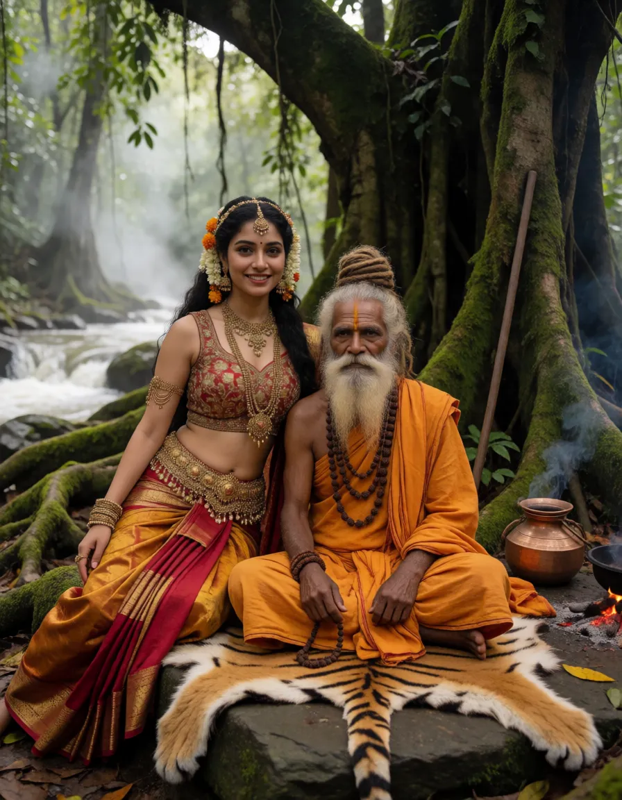 an amateur snapshot, A stunning, graceful ancient Indian celestial dancer (apsara) having sex with a Indian monk in a dense, misty jungle near a rushing river, She wears a heavily ornamented, sleeveless, deep red and gold brocade crop-top (choli) that is intricately embroidered with metallic thread and tiny beads,tied under her breast, making her boobs completely visible, leaving her shoulders and arms bare. Her midriff is entirely bare and decorated with intricate traditional body art (patralekha) featuring swirling floral and vine motifs painted in natural henna and sandalwood around her belly. She wears a rich, heavily draped ochre and crimson silk skirt secured at her waist by an elaborate, layered golden belt (kamarbandh) with cascading chains. Adorning her is heavy, aged traditional Indian jewelry—layered necklaces, large dangling earrings, a headpiece (maang tikka), and fine cascading golden armlets and bangles on her bare arms. Her long, dark wavy hair is adorned with fresh forest flowers (jasmine and marigolds) and cascades over her shoulders, with natural perspiration on her skin catching the dappled sunlight. She fucks a Hindu maha muni (ancient ascetic sage) beneath a massive moss-covered banyan tree deep in a primeval Indian forest. Over an authentic tiger skin pelt spread over a flat stone. He has weathered, deeply lined skin, a long textured gray beard, and tall matted dreadlocks (jata) tied high with natural twigs. He is draped in simple saffron-orange sadhu robes, holding japa mala prayer beads in his hand, and wearing heavy rudraksha malas around his neck. Beside him rests a traditional copper kamandalu pot, a wooden danda staff leaning against the tree trunk, and a faint curl of smoke rising from a small sacred hearth.The background is a soft, natural blur of moss-covered rocks, sprawling banyan roots, and the cascades of a river visible through the forest mist. Natural, organic lighting with soft shadows, highly detailed textures."Full-body vertical environmental portrait of a revered Hindu maha muni (ancient ascetic sage) sitting calmly in meditation beneath a massive moss-covered banyan tree deep in a primeval Indian forest. He sits cross-legged atop an authentic tiger skin pelt spread over a flat stone. He has weathered, deeply lined skin, a long textured gray beard, and tall matted dreadlocks (jata) tied high with natural twigs. He is draped in simple saffron-orange sadhu robes, holding japa mala prayer beads in his hand, and wearing heavy rudraksha malas around his neck. Beside him rests a traditional copper kamandalu pot, a wooden danda staff leaning against the tree trunk, and a faint curl of smoke rising from a small sacred hearth., plenty of natural daylight, flat even light, casual unposed snapshot, natural everyday colour, mild noise, natural unretouched skin, strikingly beautiful, radiant complexion, early twenties