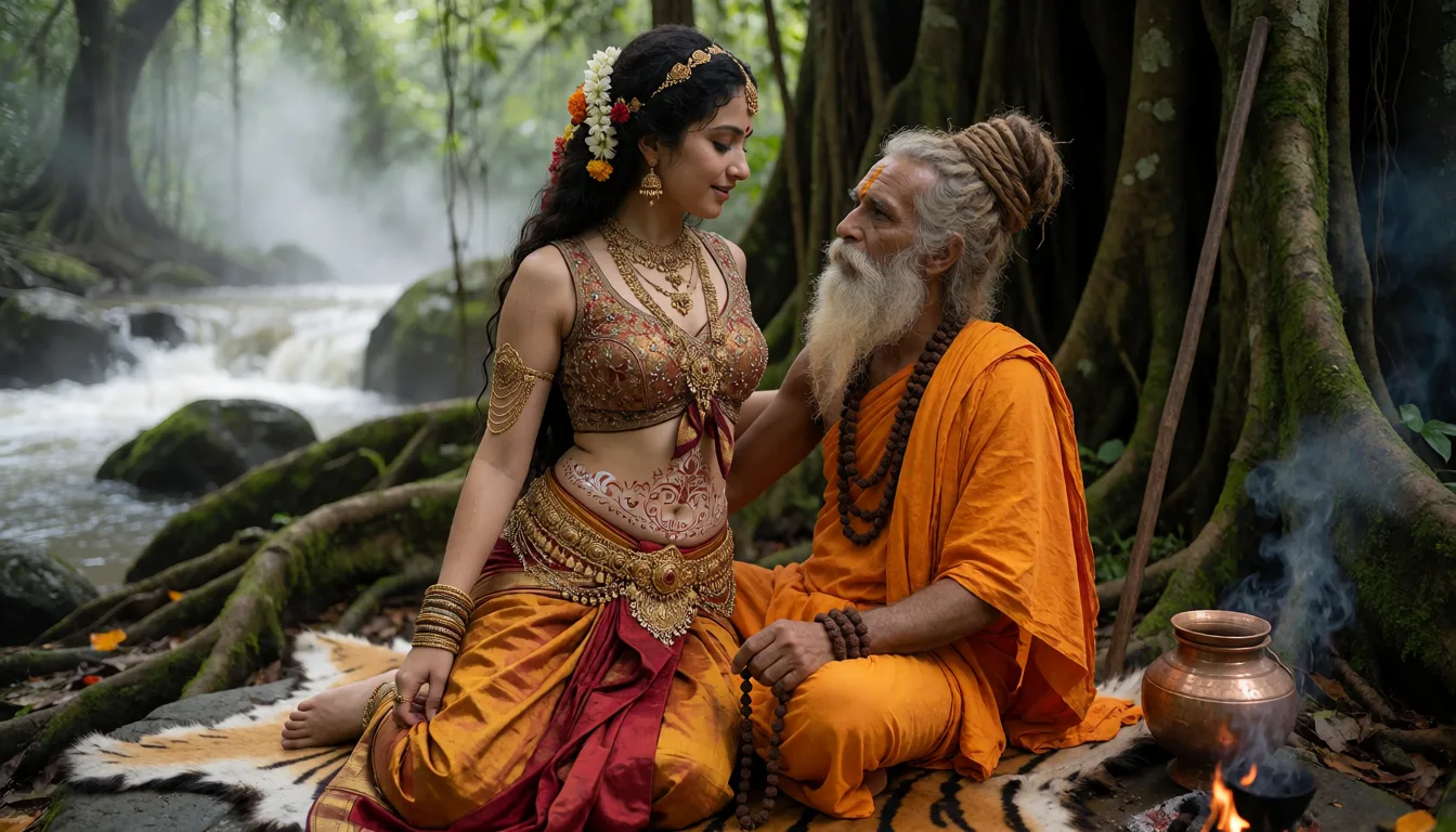 an amateur snapshot, A stunning, graceful ancient Indian celestial dancer (apsara) having sex with a Indian monk in a dense, misty jungle near a rushing river, She wears a heavily ornamented, sleeveless, deep red and gold brocade crop-top (choli) that is intricately embroidered with metallic thread and tiny beads,tied under her breast, making her boobs completely visible, leaving her shoulders and arms bare. Her midriff is entirely bare and decorated with intricate traditional body art (patralekha) featuring swirling floral and vine motifs painted in natural henna and sandalwood around her belly. She wears a rich, heavily draped ochre and crimson silk skirt secured at her waist by an elaborate, layered golden belt (kamarbandh) with cascading chains. Adorning her is heavy, aged traditional Indian jewelry—layered necklaces, large dangling earrings, a headpiece (maang tikka), and fine cascading golden armlets and bangles on her bare arms. Her long, dark wavy hair is adorned with fresh forest flowers (jasmine and marigolds) and cascades over her shoulders, with natural perspiration on her skin catching the dappled sunlight. She fucks a Hindu maha muni (ancient ascetic sage) beneath a massive moss-covered banyan tree deep in a primeval Indian forest. Over an authentic tiger skin pelt spread over a flat stone. He has weathered, deeply lined skin, a long textured gray beard, and tall matted dreadlocks (jata) tied high with natural twigs. He is draped in simple saffron-orange sadhu robes, holding japa mala prayer beads in his hand, and wearing heavy rudraksha malas around his neck. Beside him rests a traditional copper kamandalu pot, a wooden danda staff leaning against the tree trunk, and a faint curl of smoke rising from a small sacred hearth.The background is a soft, natural blur of moss-covered rocks, sprawling banyan roots, and the cascades of a river visible through the forest mist. Natural, organic lighting with soft shadows, highly detailed textures., plenty of natural daylight, flat even light, casual unposed snapshot, natural everyday colour, mild noise, natural unretouched skin, strikingly beautiful, radiant complexion, early twenties